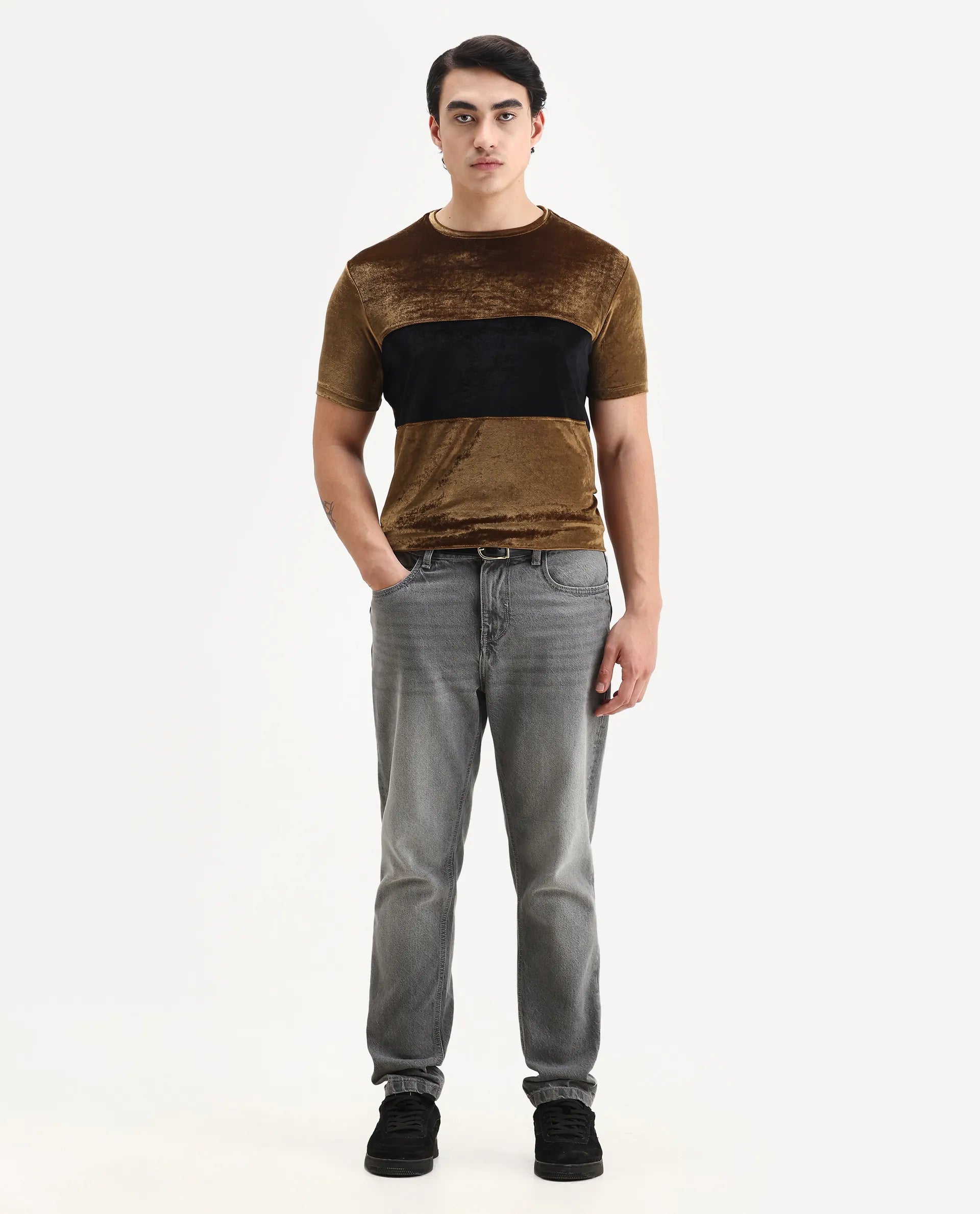 Rare Rabbit Men's Timos Mustard Velvet Ombre Slim Fit Half Sleeve Crew Neck T-Shirt