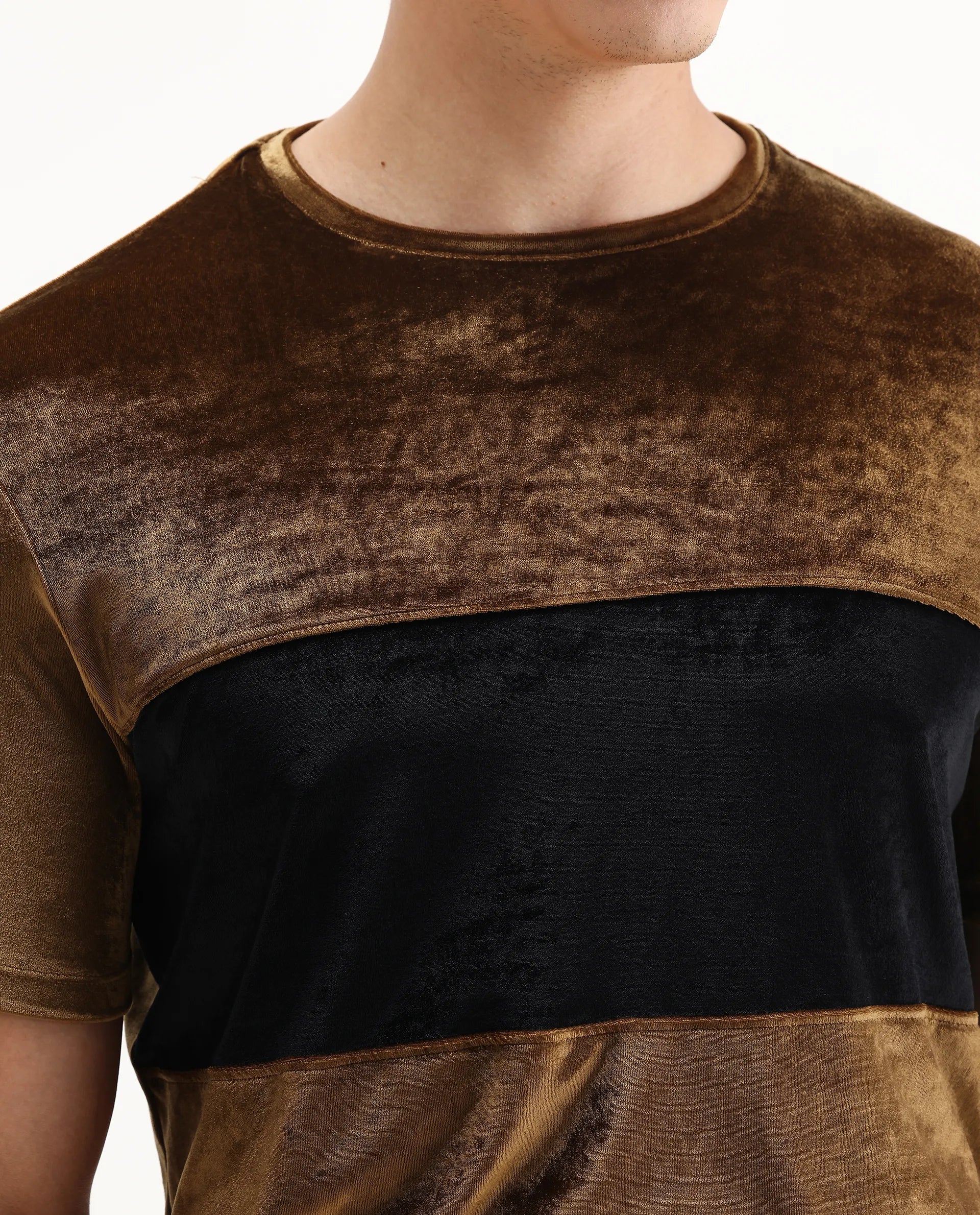 Rare Rabbit Men's Timos Mustard Velvet Ombre Slim Fit Half Sleeve Crew Neck T-Shirt