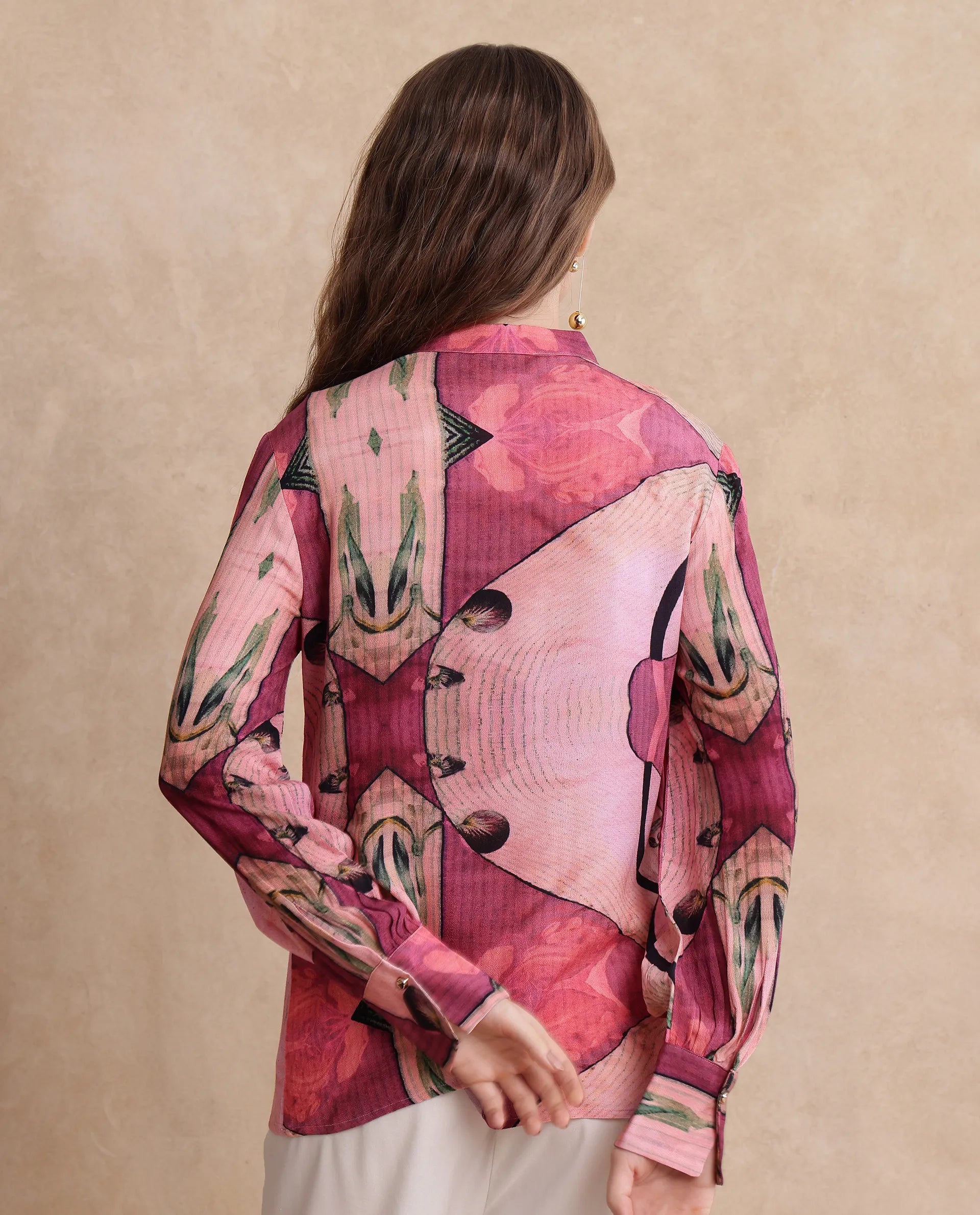 Rareism Women Timro Light Pink Bishop Sleeve High Neck Relaxed Fit Abstract Print Top