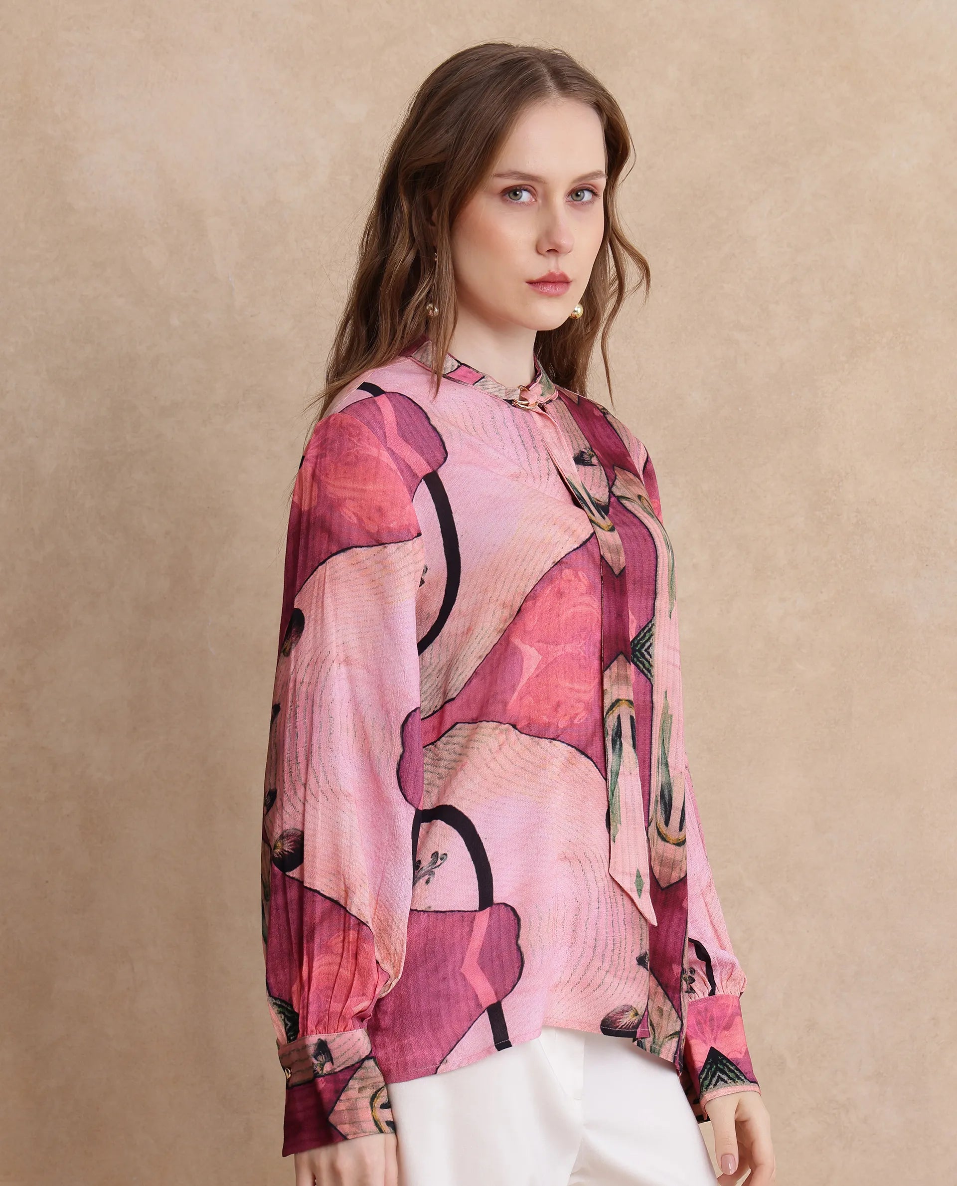 Rareism Women Timro Light Pink Bishop Sleeve High Neck Relaxed Fit Abstract Print Top