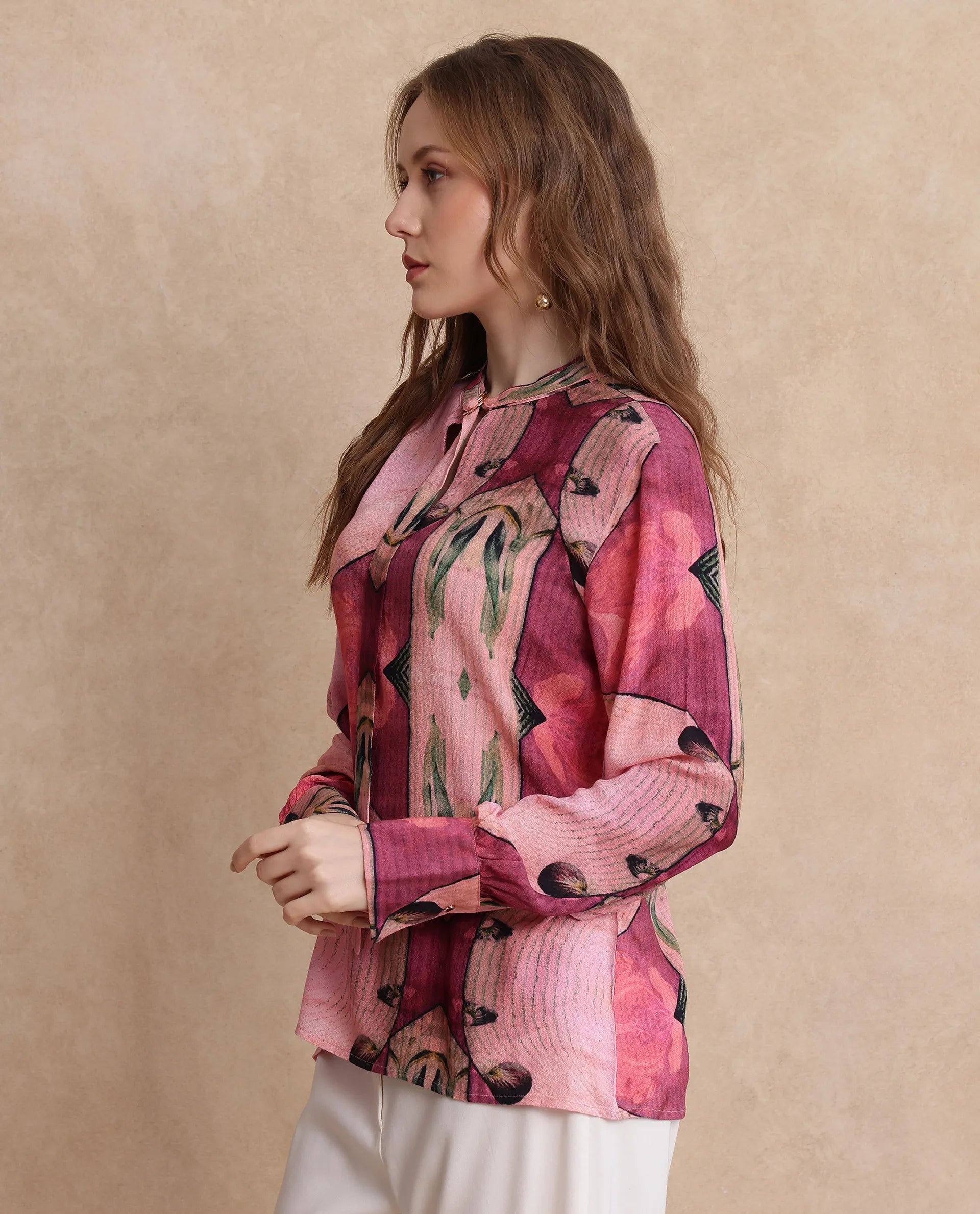 Rareism Women Timro Light Pink Bishop Sleeve High Neck Relaxed Fit Abstract Print Top