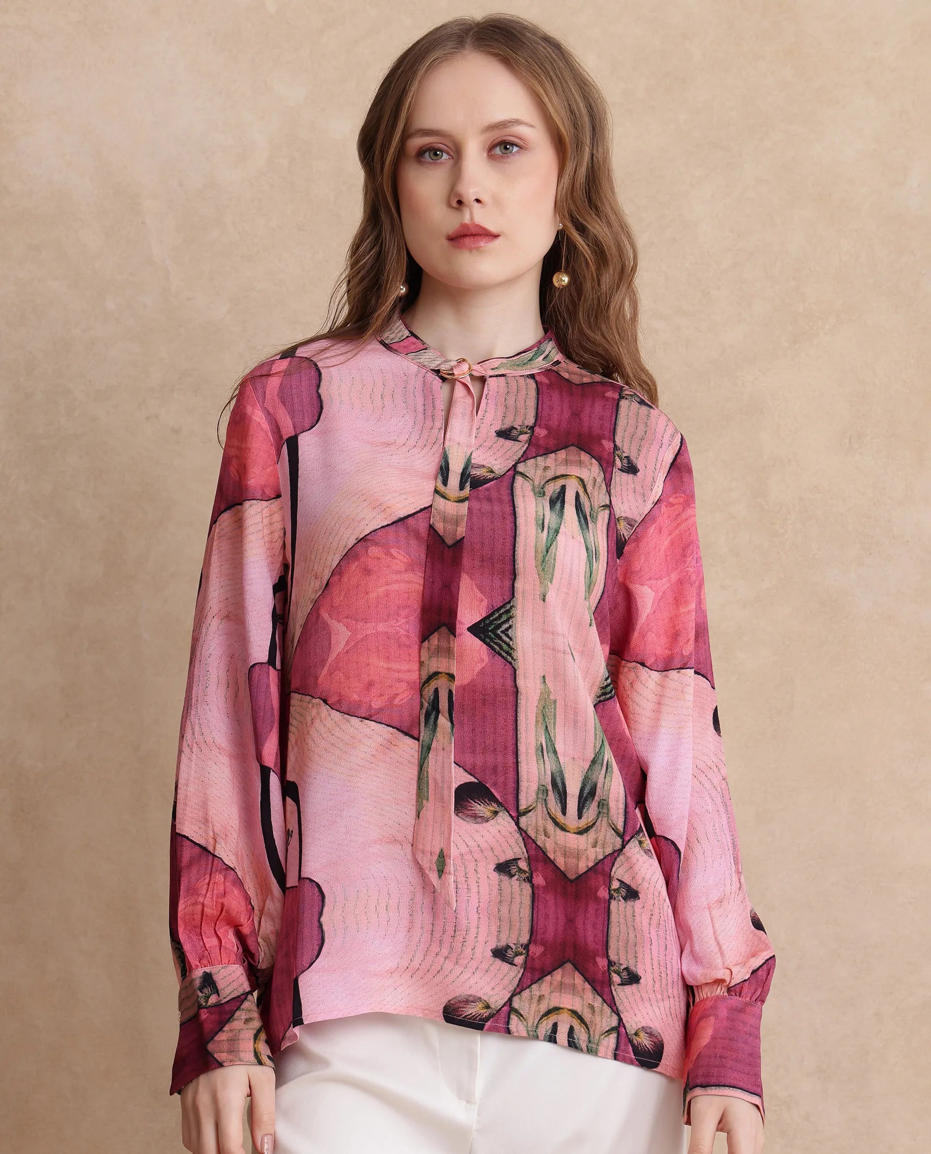 Rareism Women Timro Light Pink Bishop Sleeve High Neck Relaxed Fit Abstract Print Top