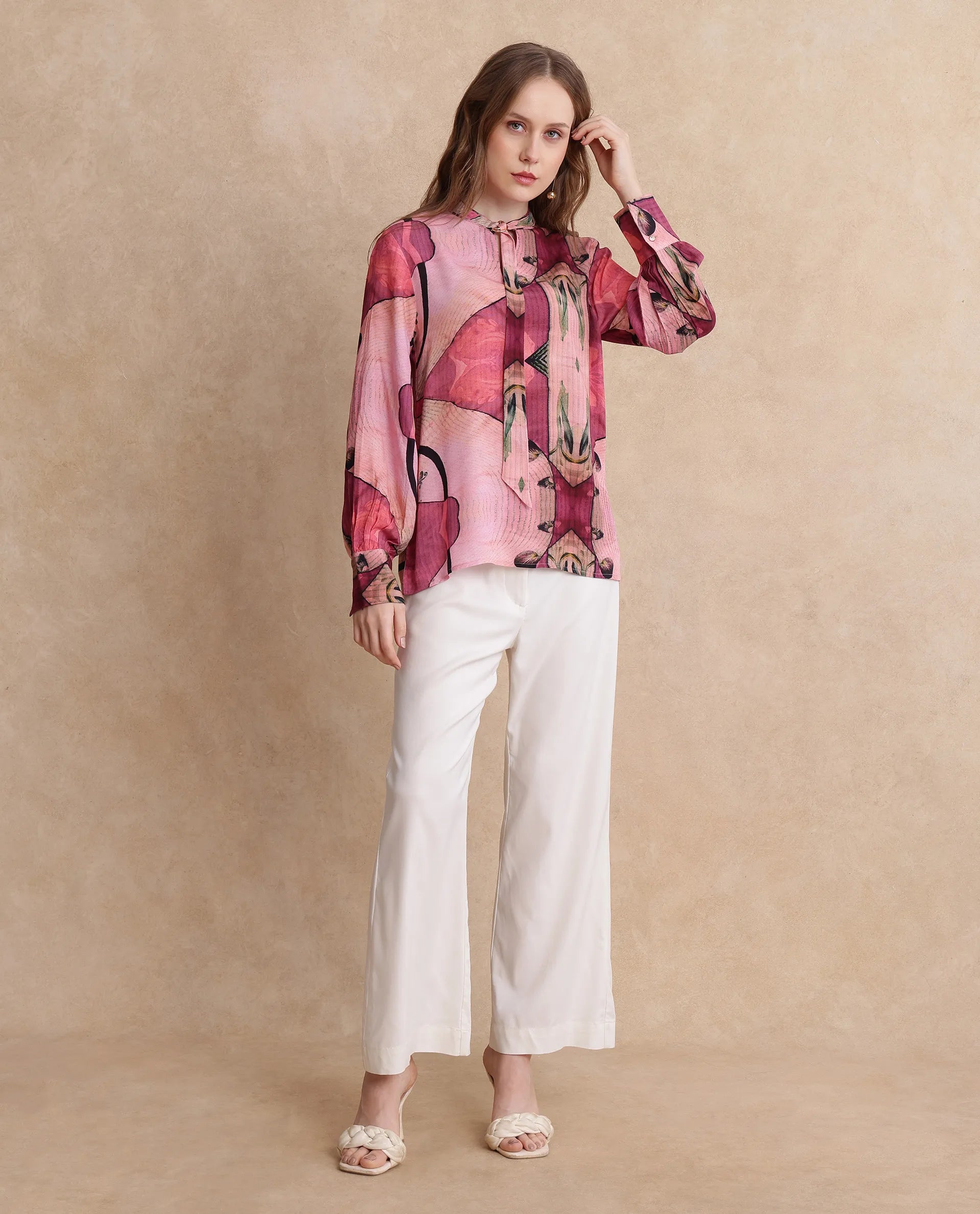 Rareism Women Timro Light Pink Bishop Sleeve High Neck Relaxed Fit Abstract Print Top