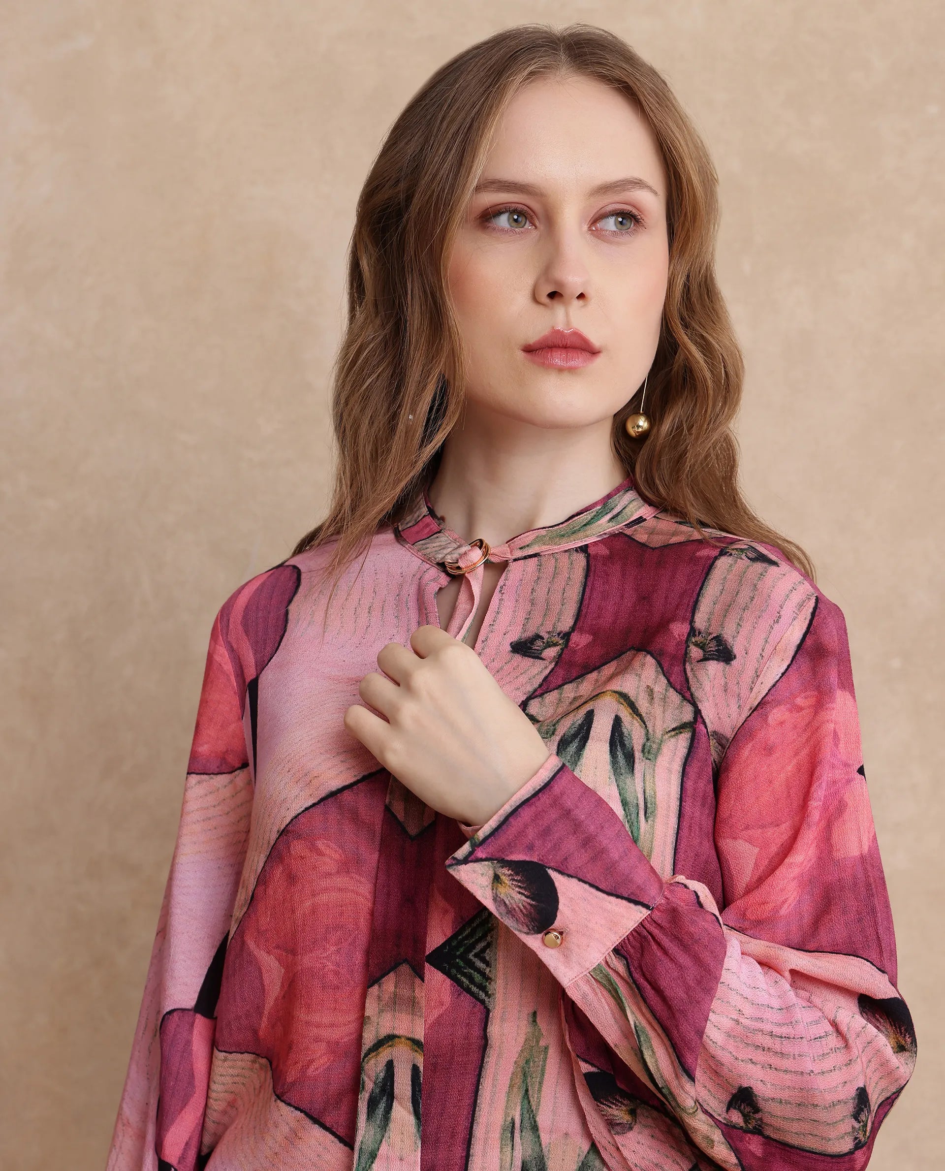 Rareism Women Timro Light Pink Bishop Sleeve High Neck Relaxed Fit Abstract Print Top