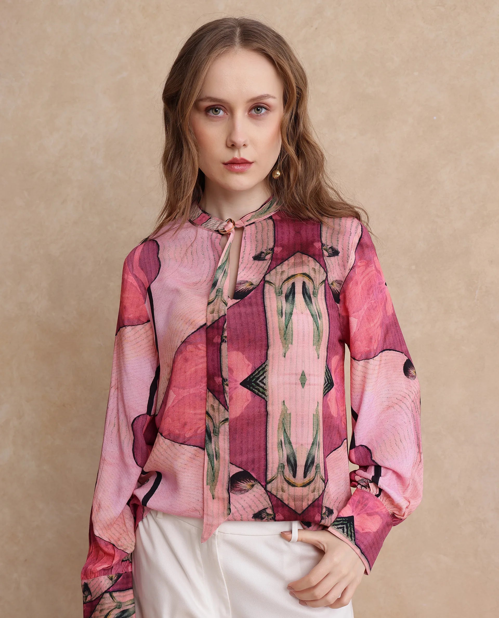 Rareism Women Timro Light Pink Bishop Sleeve High Neck Relaxed Fit Abstract Print Top