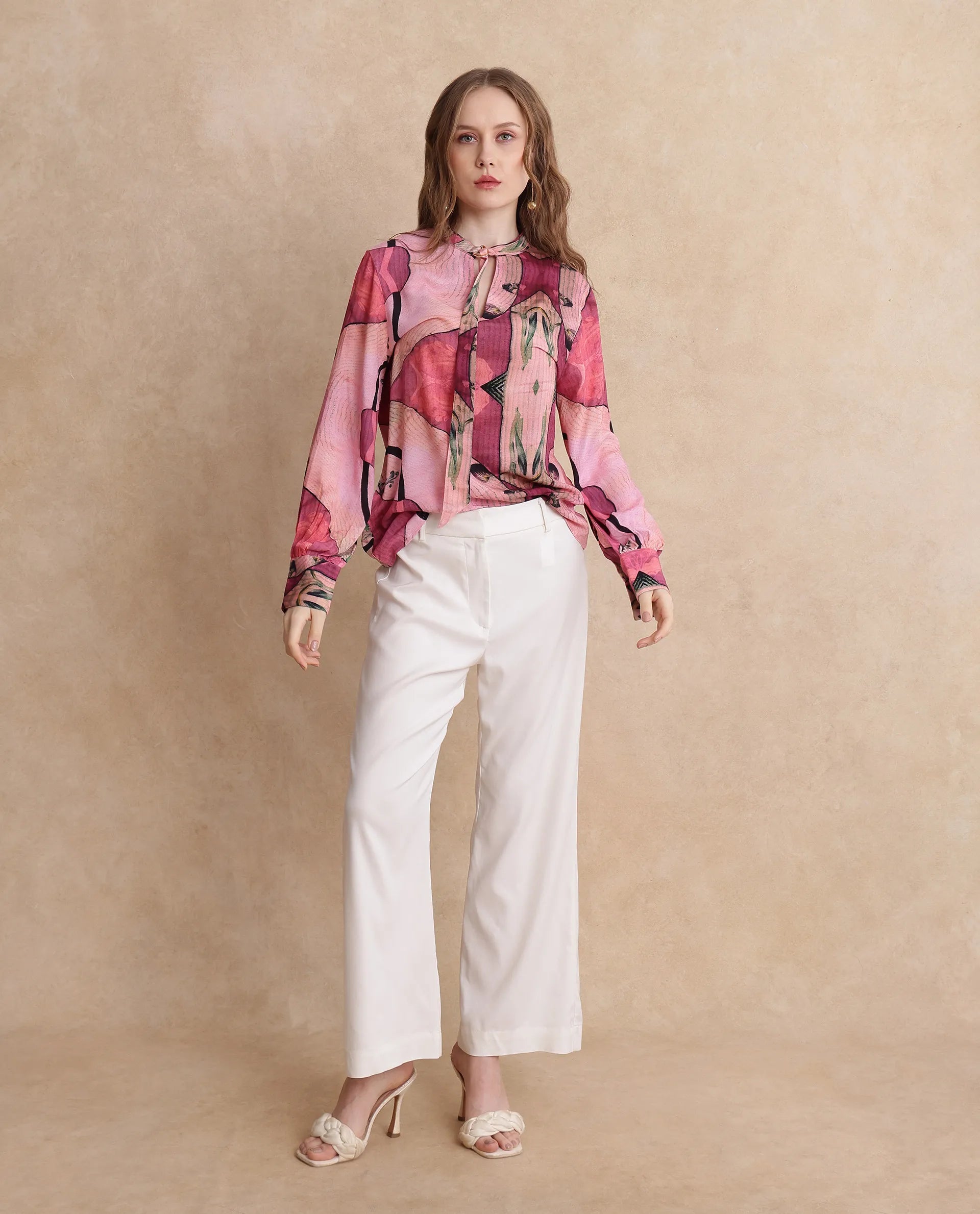 Rareism Women Timro Light Pink Bishop Sleeve High Neck Relaxed Fit Abstract Print Top