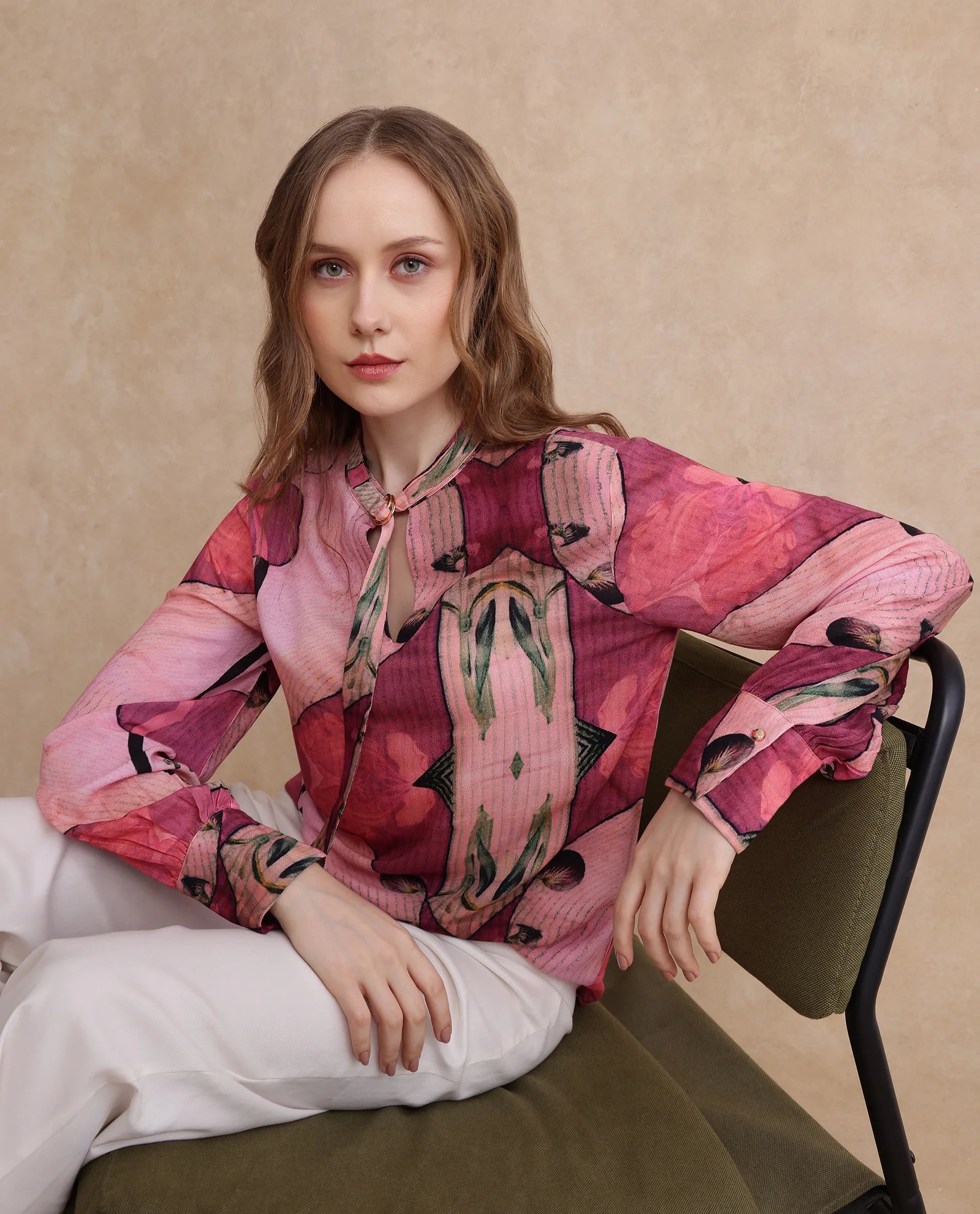 Rareism Women Timro Light Pink Bishop Sleeve High Neck Relaxed Fit Abstract Print Top