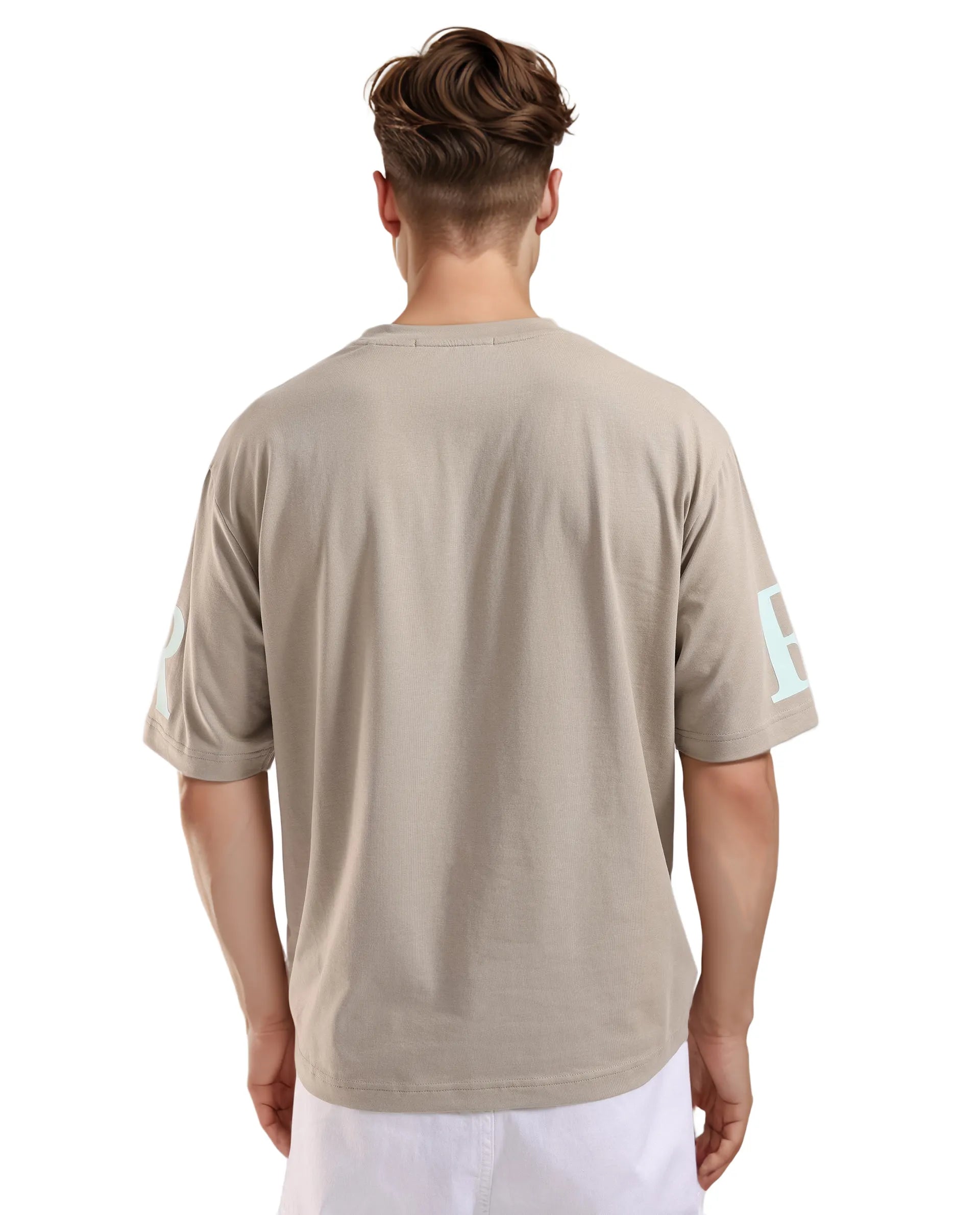 Rare Rabbit Men Tin Beige Short Sleeves Crew Neck Oversized Fit Digital Print T-Shirt