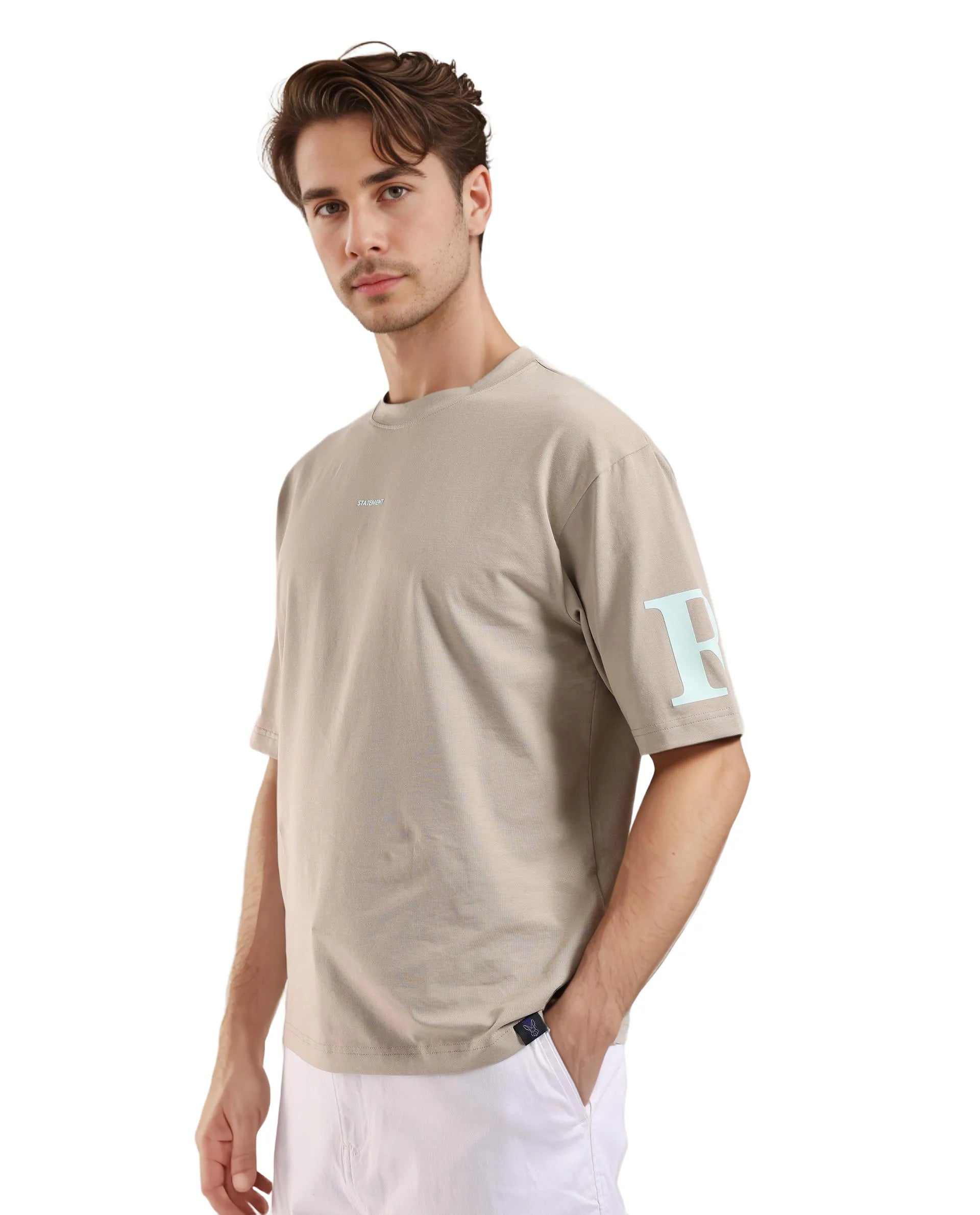 Rare Rabbit Men Tin Beige Short Sleeves Crew Neck Oversized Fit Digital Print T-Shirt