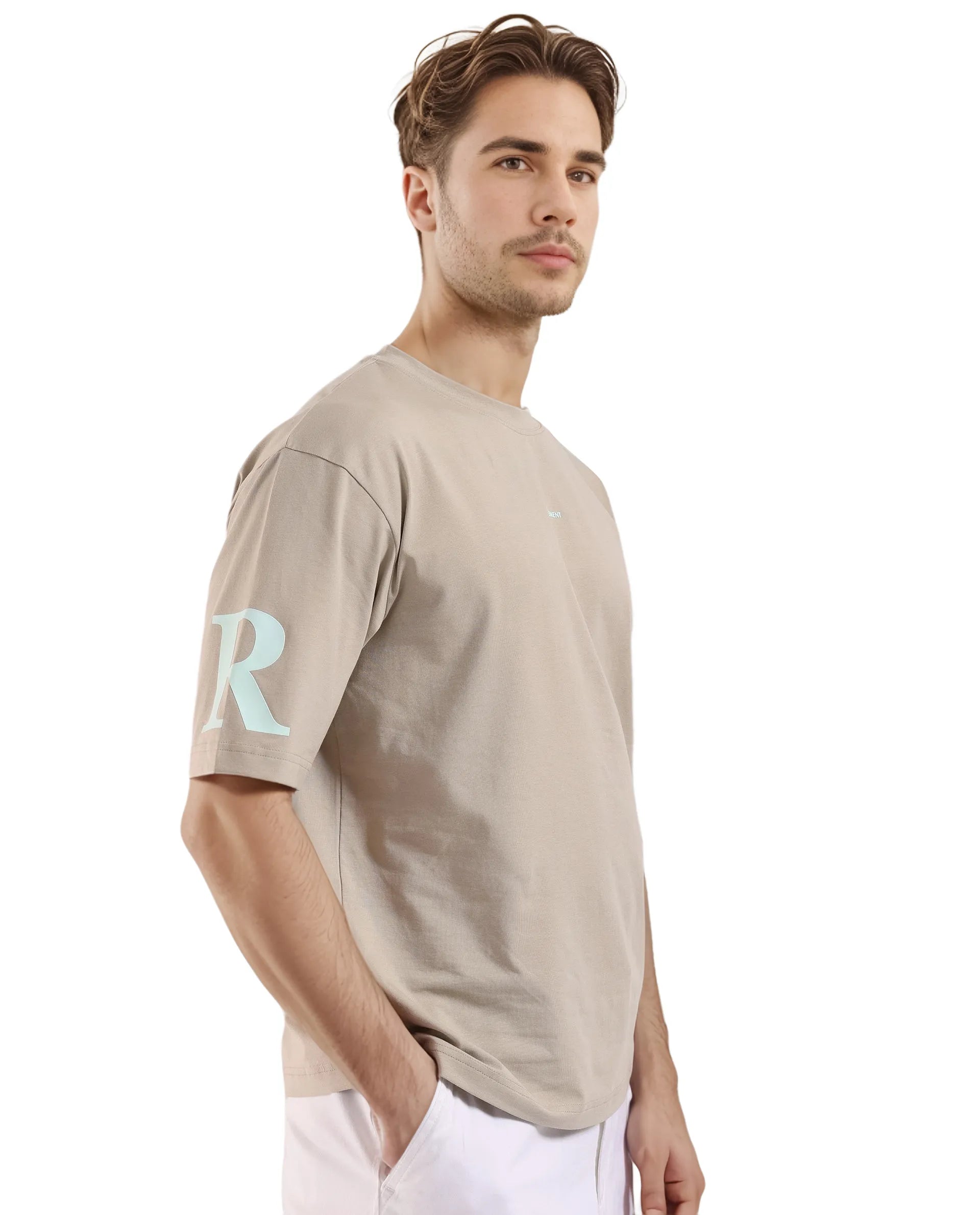 Rare Rabbit Men Tin Beige Short Sleeves Crew Neck Oversized Fit Digital Print T-Shirt