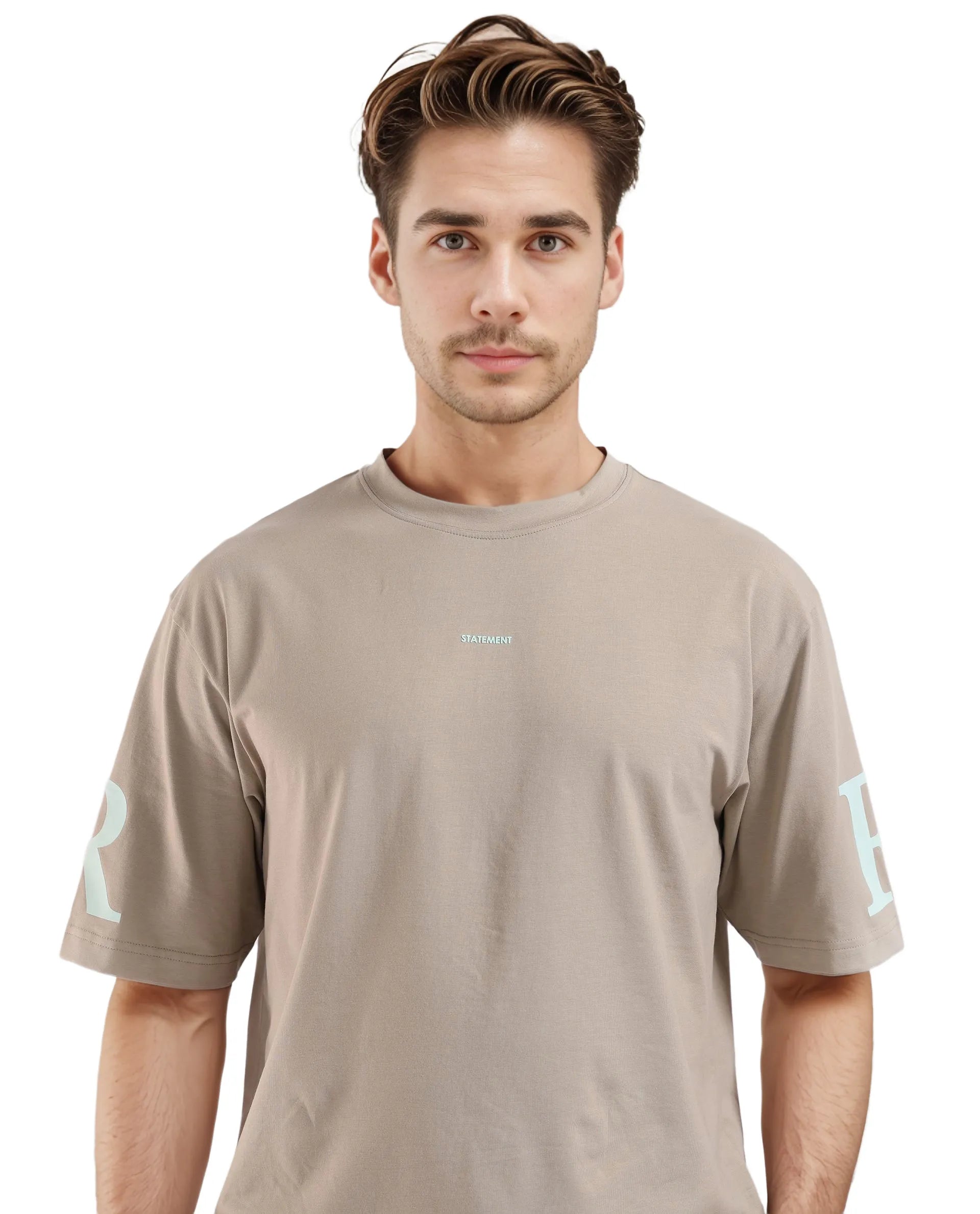 Rare Rabbit Men Tin Beige Short Sleeves Crew Neck Oversized Fit Digital Print T-Shirt