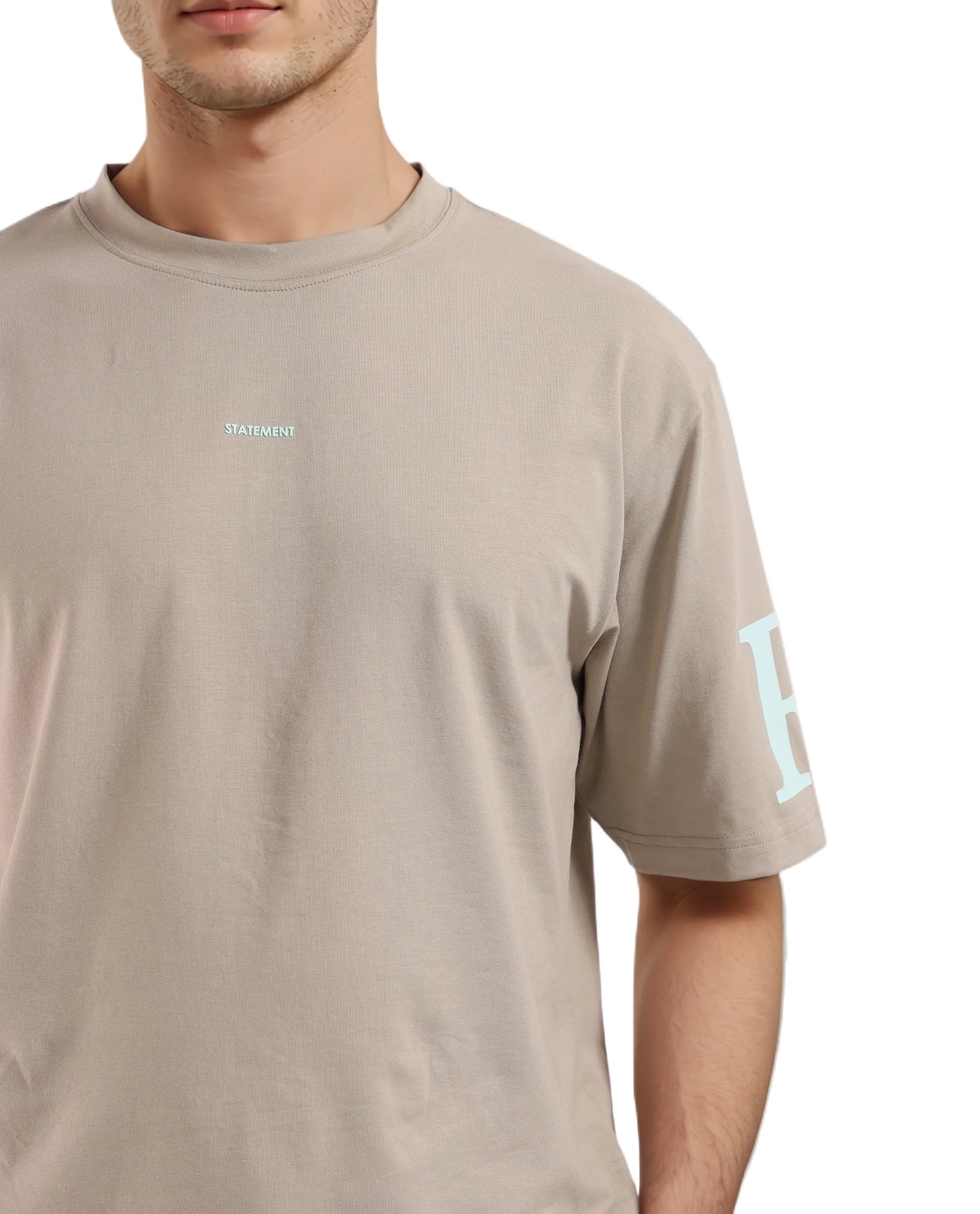 Rare Rabbit Men Tin Beige Short Sleeves Crew Neck Oversized Fit Digital Print T-Shirt