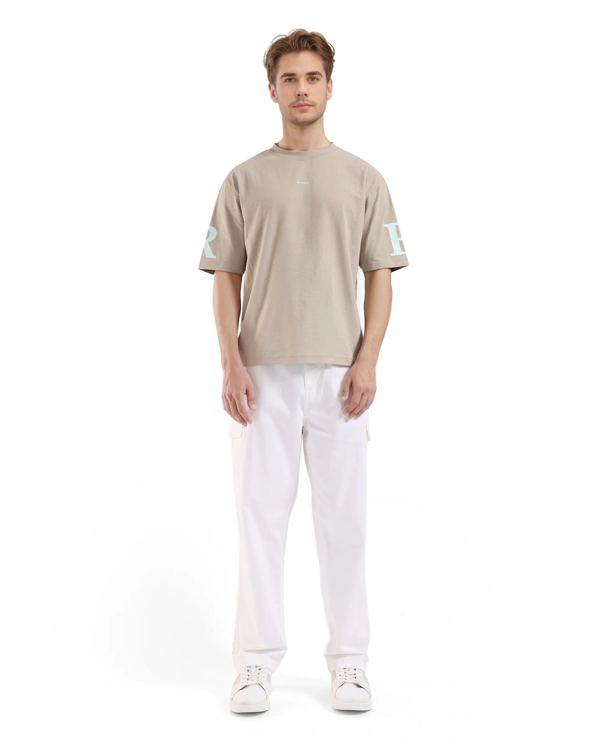 Rare Rabbit Men Tin Beige Short Sleeves Crew Neck Oversized Fit Digital Print T-Shirt