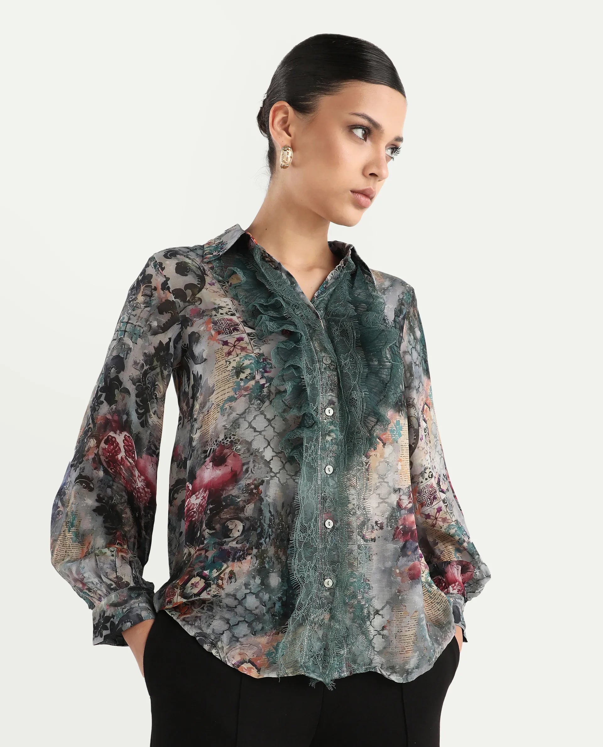 Rareism Women's Tinga Multi Viscose Blend Drop Collar Graphic Print Regular Fit Shirt