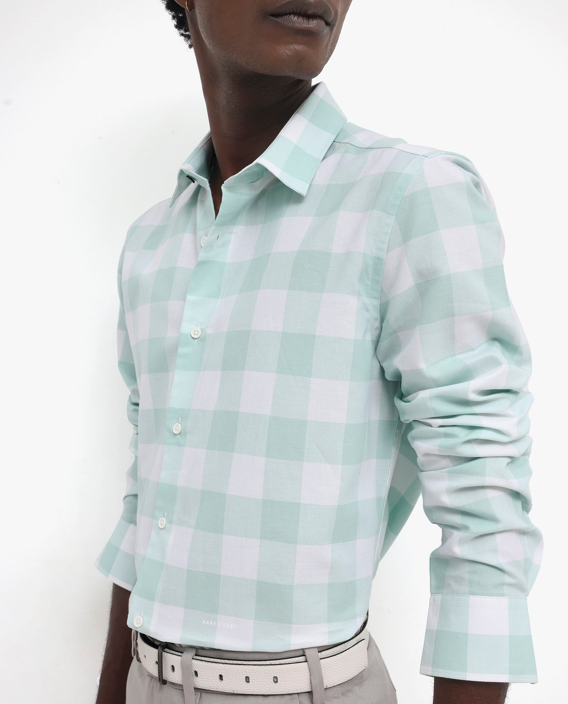 Rare Rabbit Men's Tinker Dark Turq Cotton Fabric Full Sleeve Regular Fit Gingham Checks Shirt