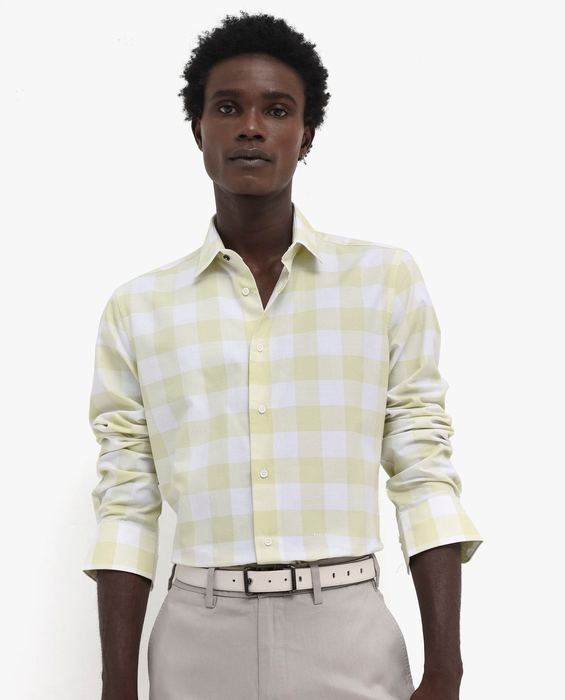 Rare Rabbit Men's Tinker Light Green Cotton Fabric Full Sleeve Regular Fit Gingham Checks Shirt