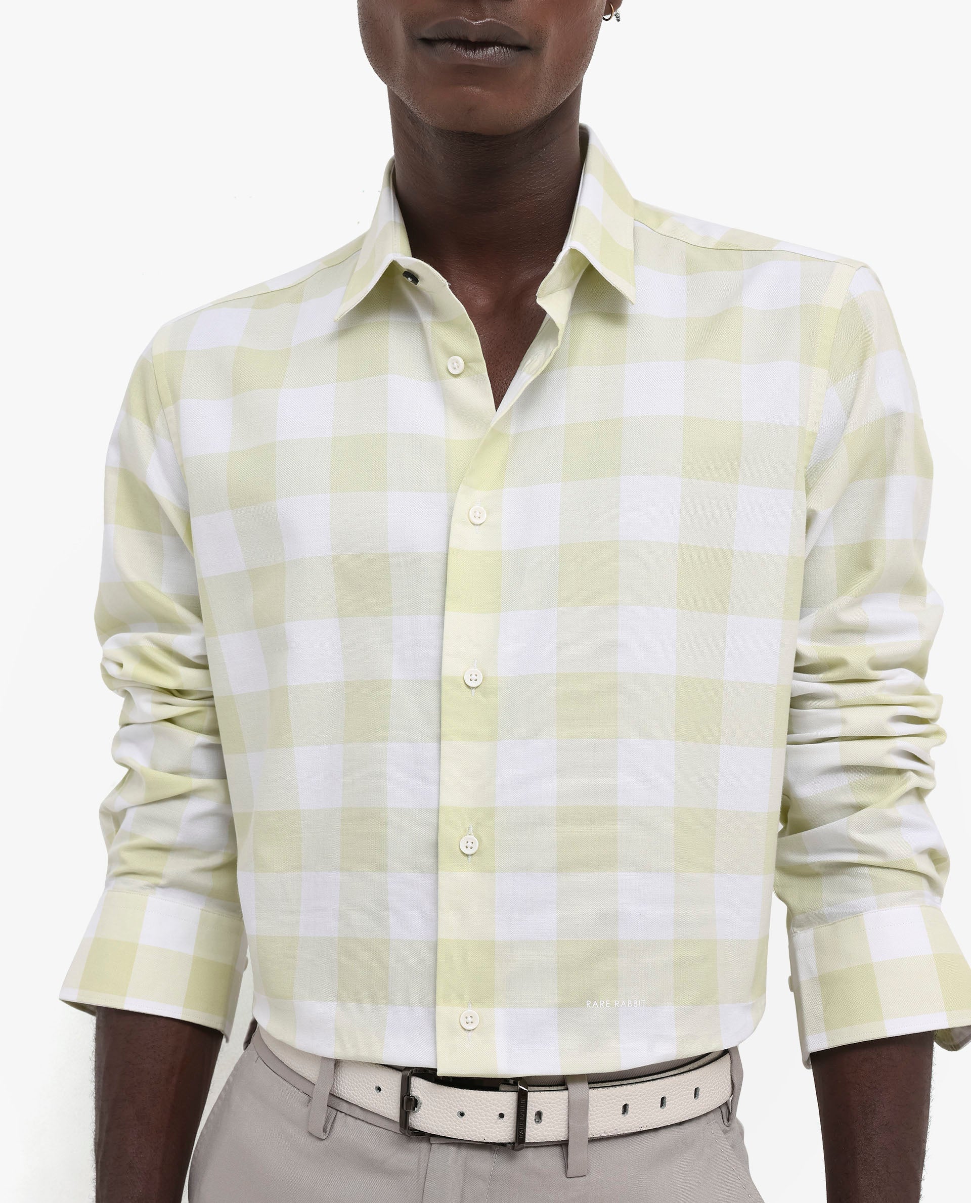 Rare Rabbit Men's Tinker Light Green Cotton Fabric Full Sleeve Regular Fit Gingham Checks Shirt