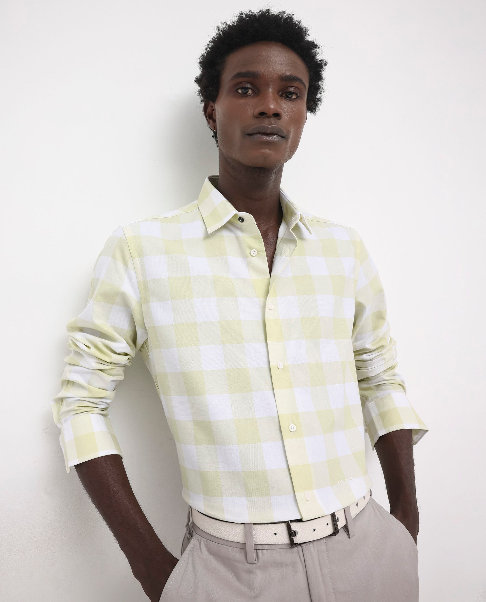 Rare Rabbit Men's Tinker Light Green Cotton Fabric Full Sleeve Regular Fit Gingham Checks Shirt