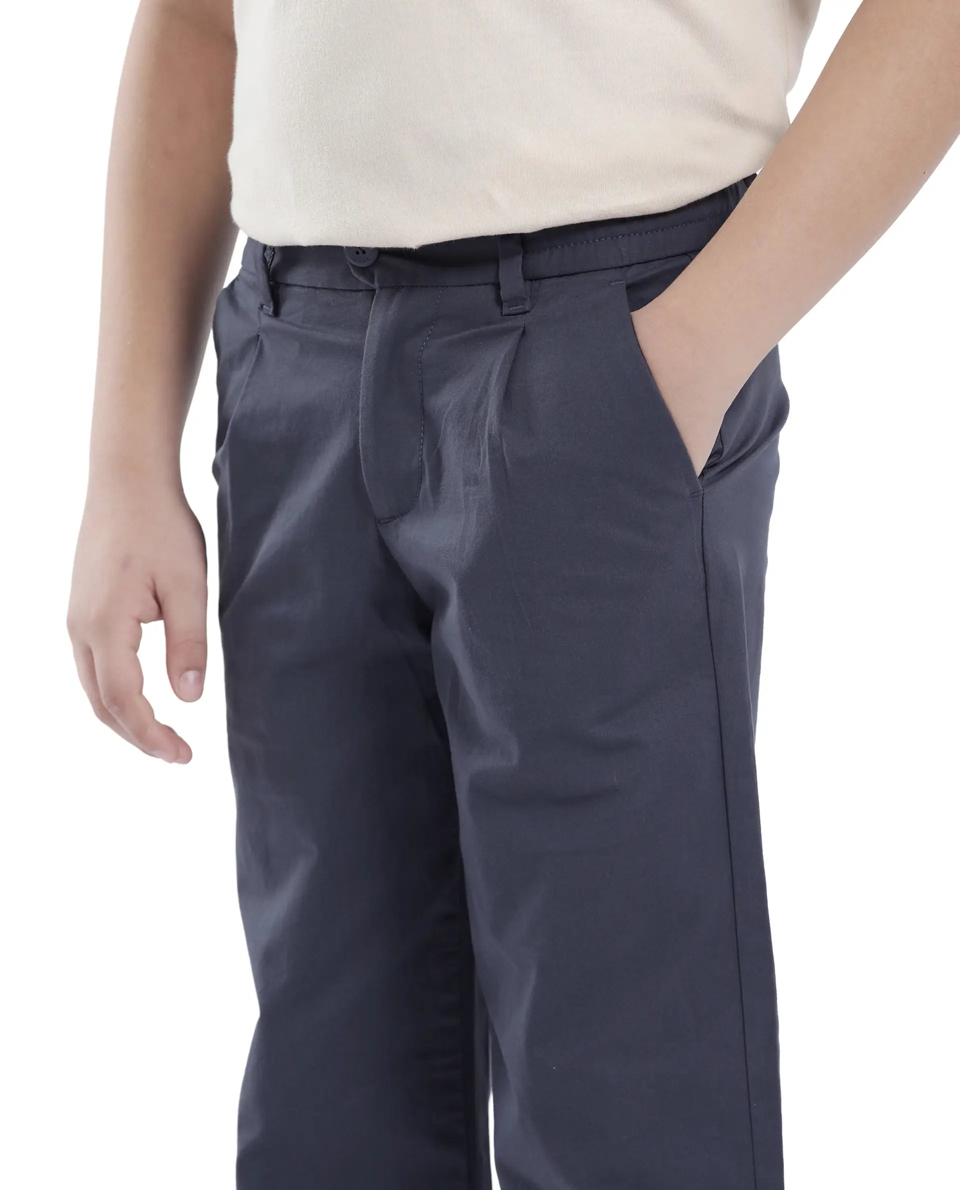 Rare Ones Kids Tino Navy Cotton Plain Button And Zip Closure Regular Fit Trouser