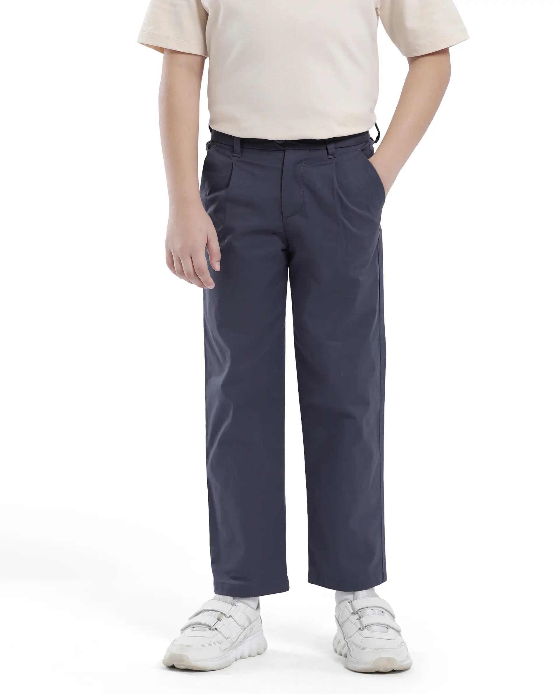 Rare Ones Kids Tino Navy Cotton Plain Button And Zip Closure Regular Fit Trouser
