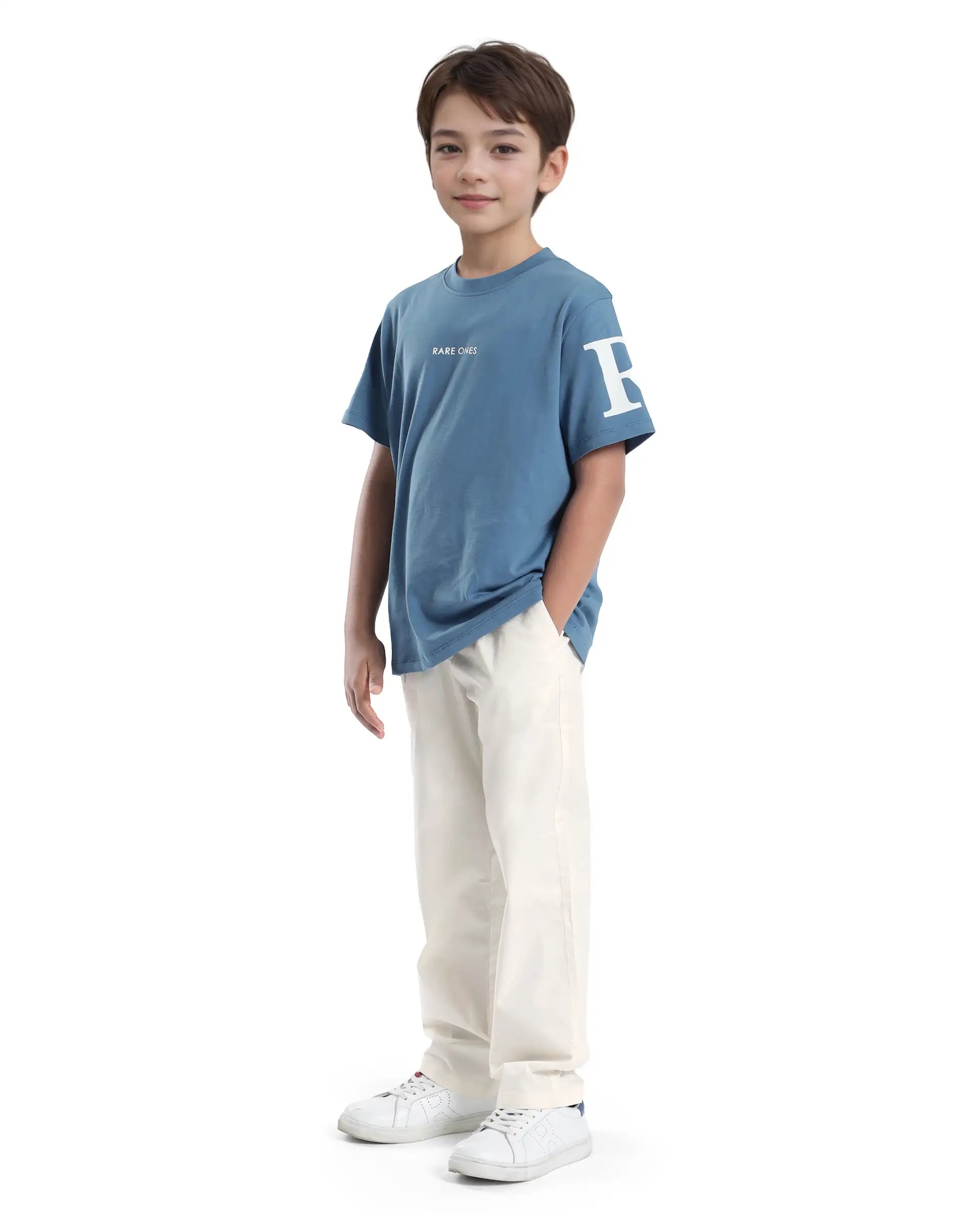 Rare Ones Kids Tilt Off White Cotton Plain Button And Zip Closure Regular Fit Trouser