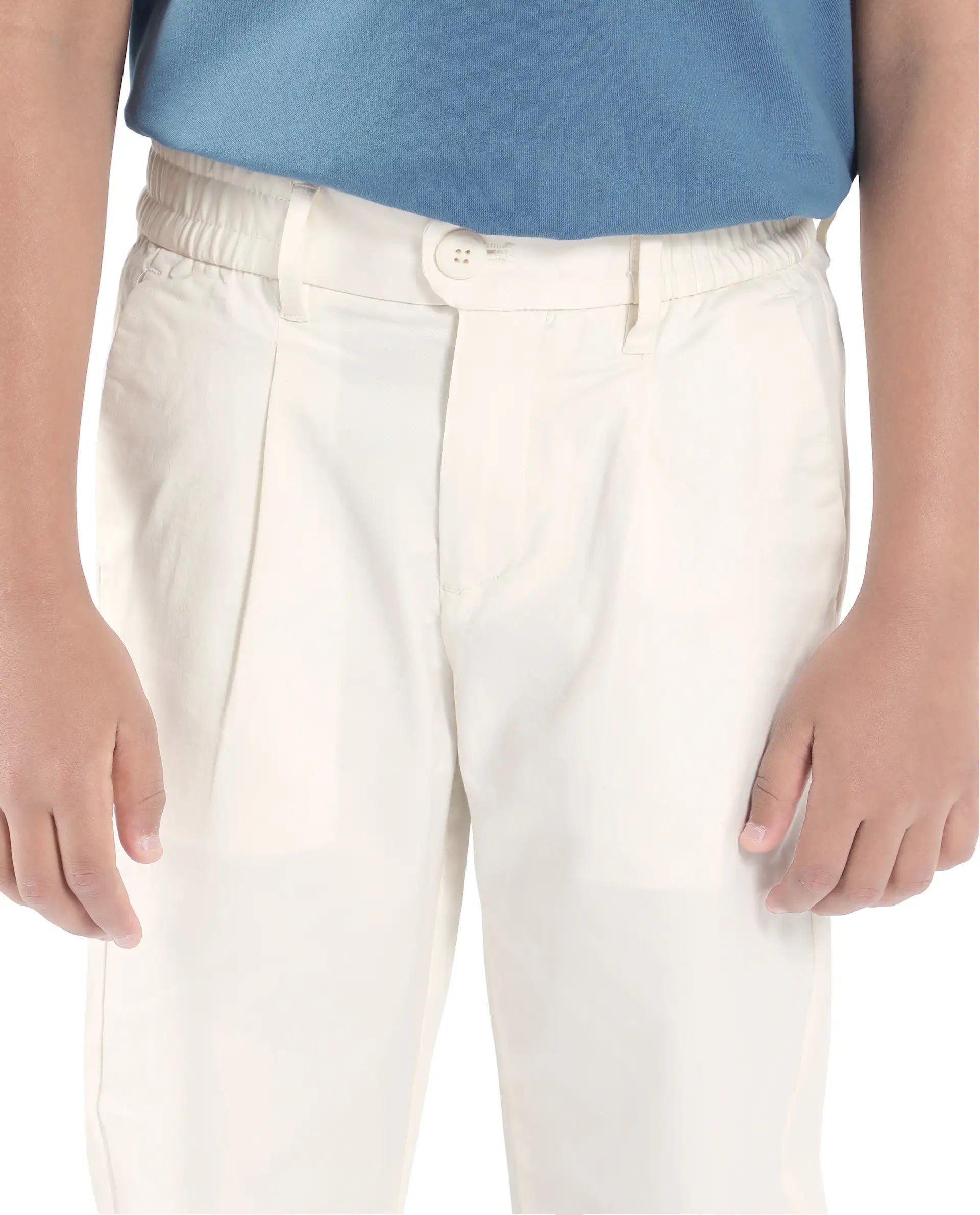 Rare Ones Kids Tilt Off White Cotton Plain Button And Zip Closure Regular Fit Trouser