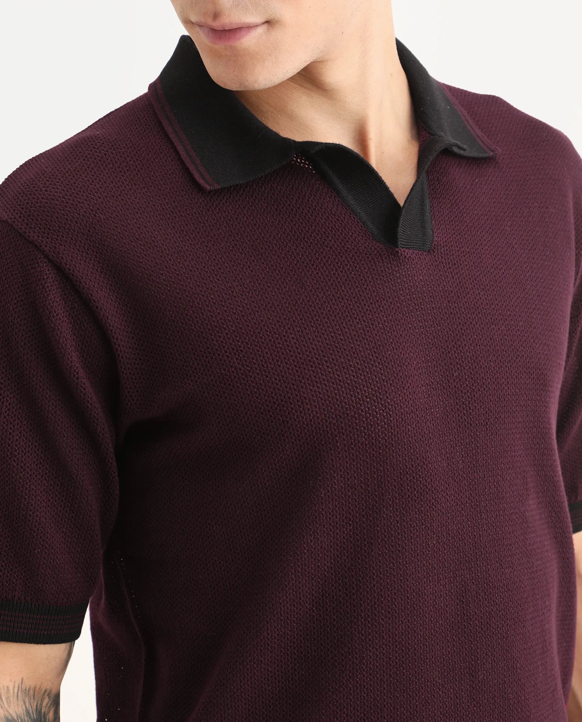 Rare Rabbit Men's Tipo Pastel Maroon Cotton Fabric Half Sleeve Regular Fit Textured Polo