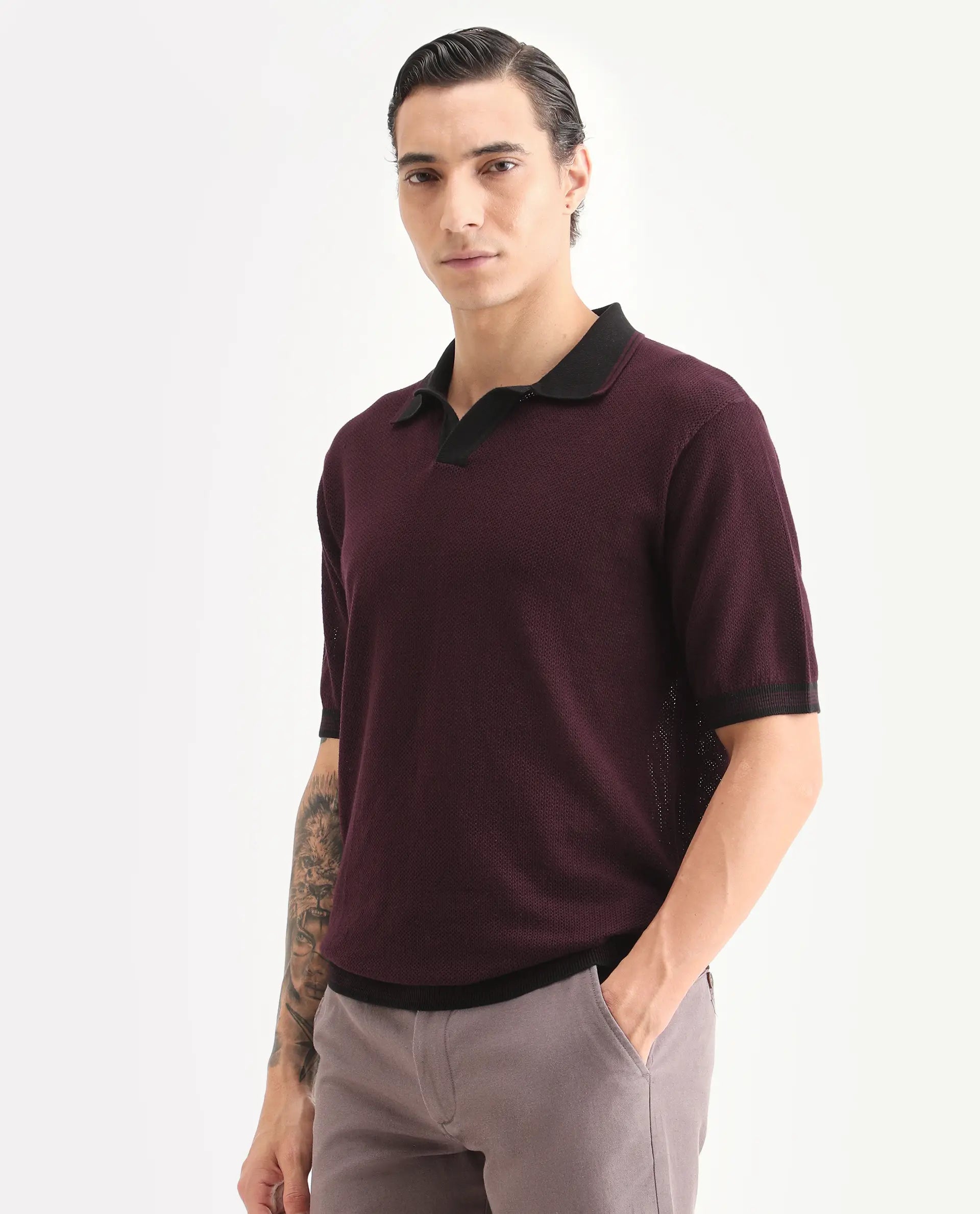 Rare Rabbit Men's Tipo Pastel Maroon Cotton Fabric Half Sleeve Regular Fit Textured Polo