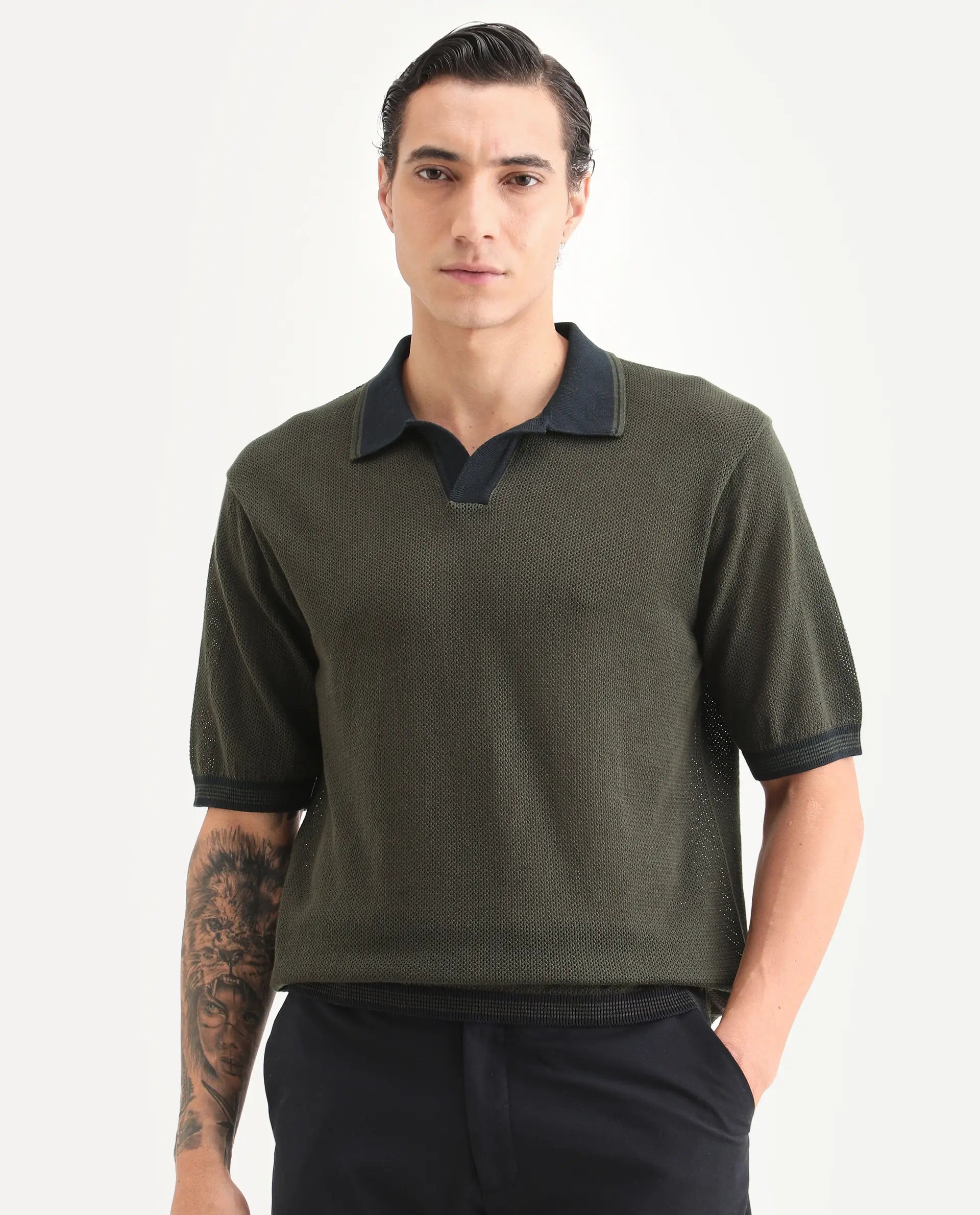 Rare Rabbit Men's Tipo Pastel Olive Cotton Fabric Half Sleeve Regular Fit Textured Polo