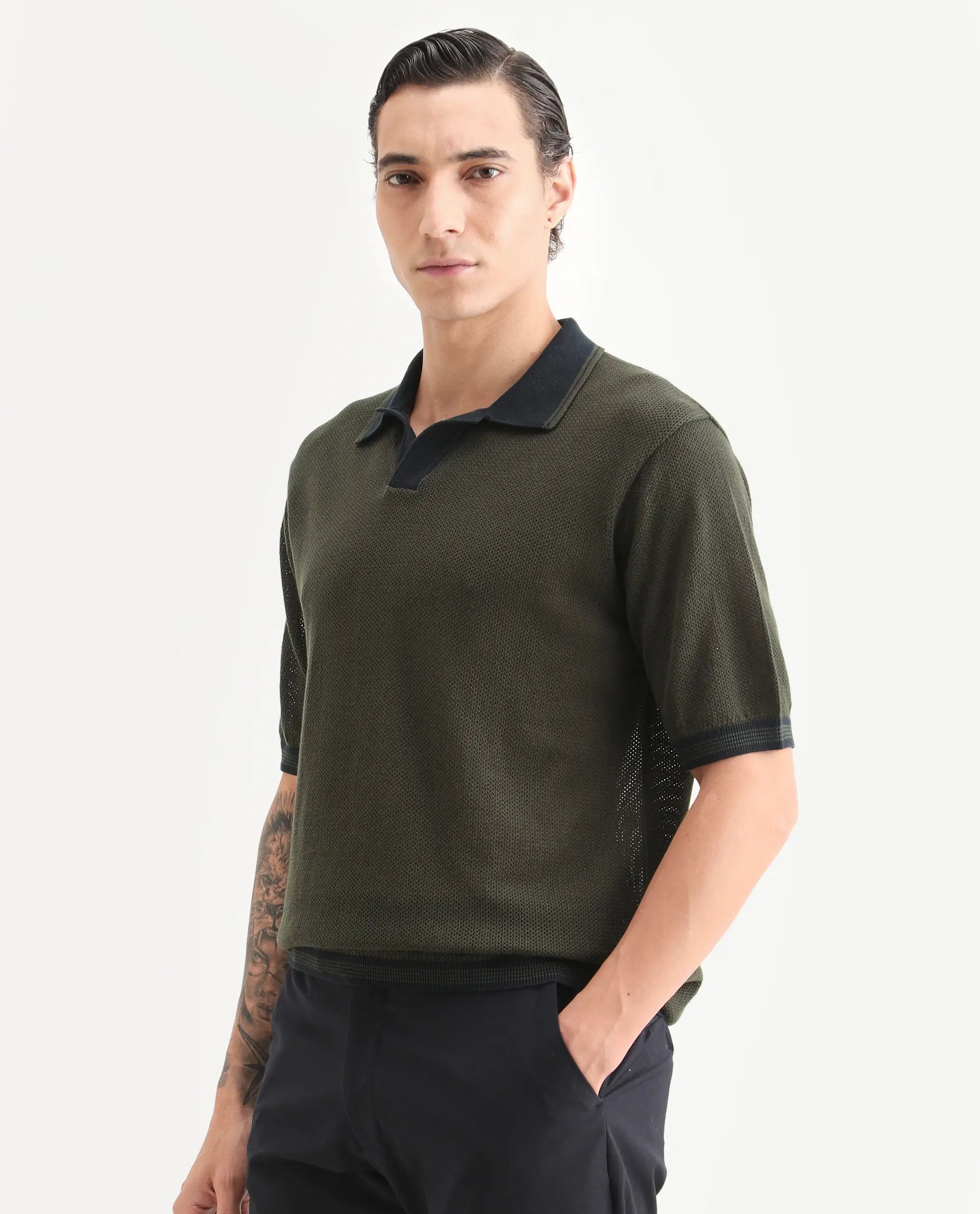 Rare Rabbit Men's Tipo Pastel Olive Cotton Fabric Half Sleeve Regular Fit Textured Polo