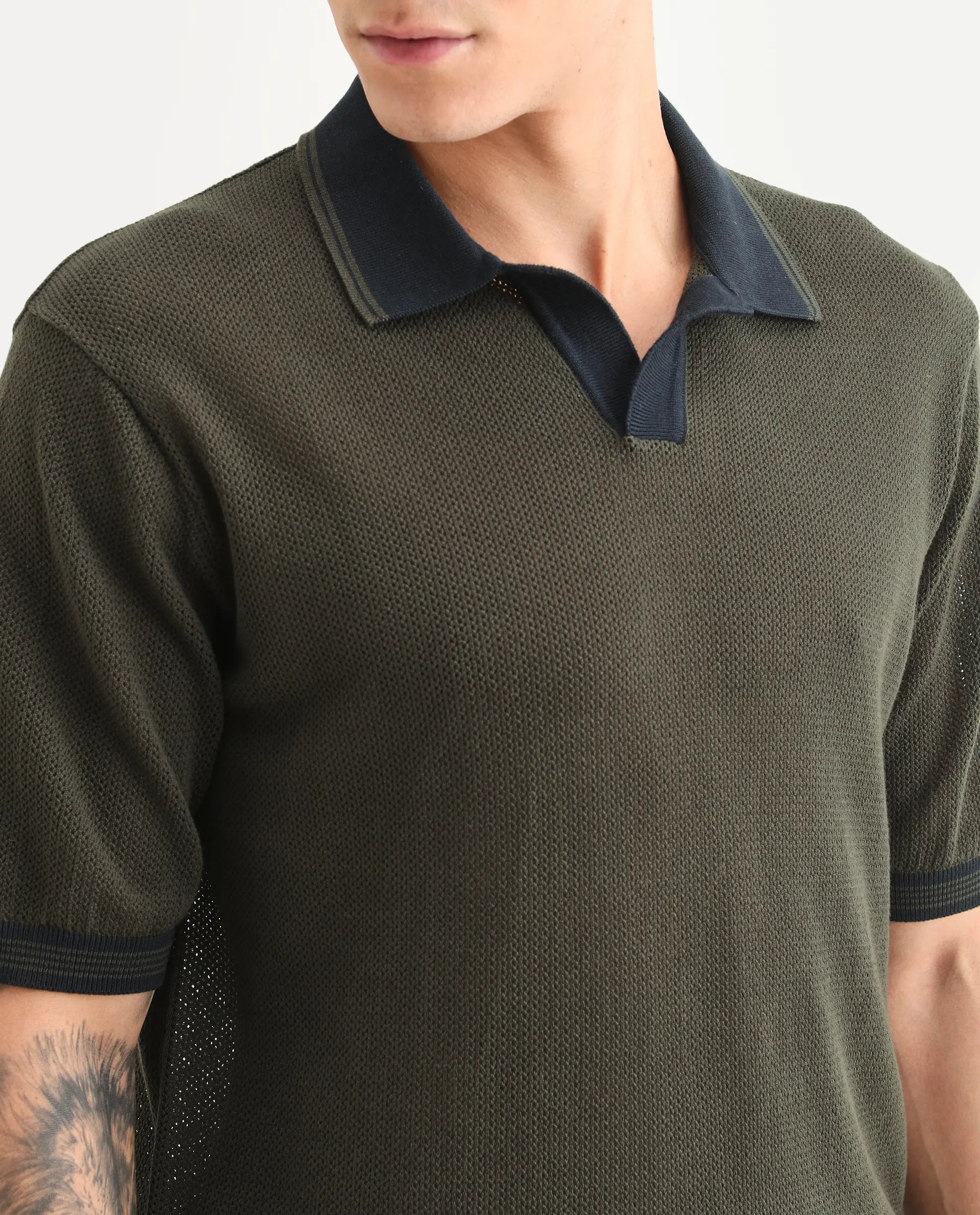 Rare Rabbit Men's Tipo Pastel Olive Cotton Fabric Half Sleeve Regular Fit Textured Polo