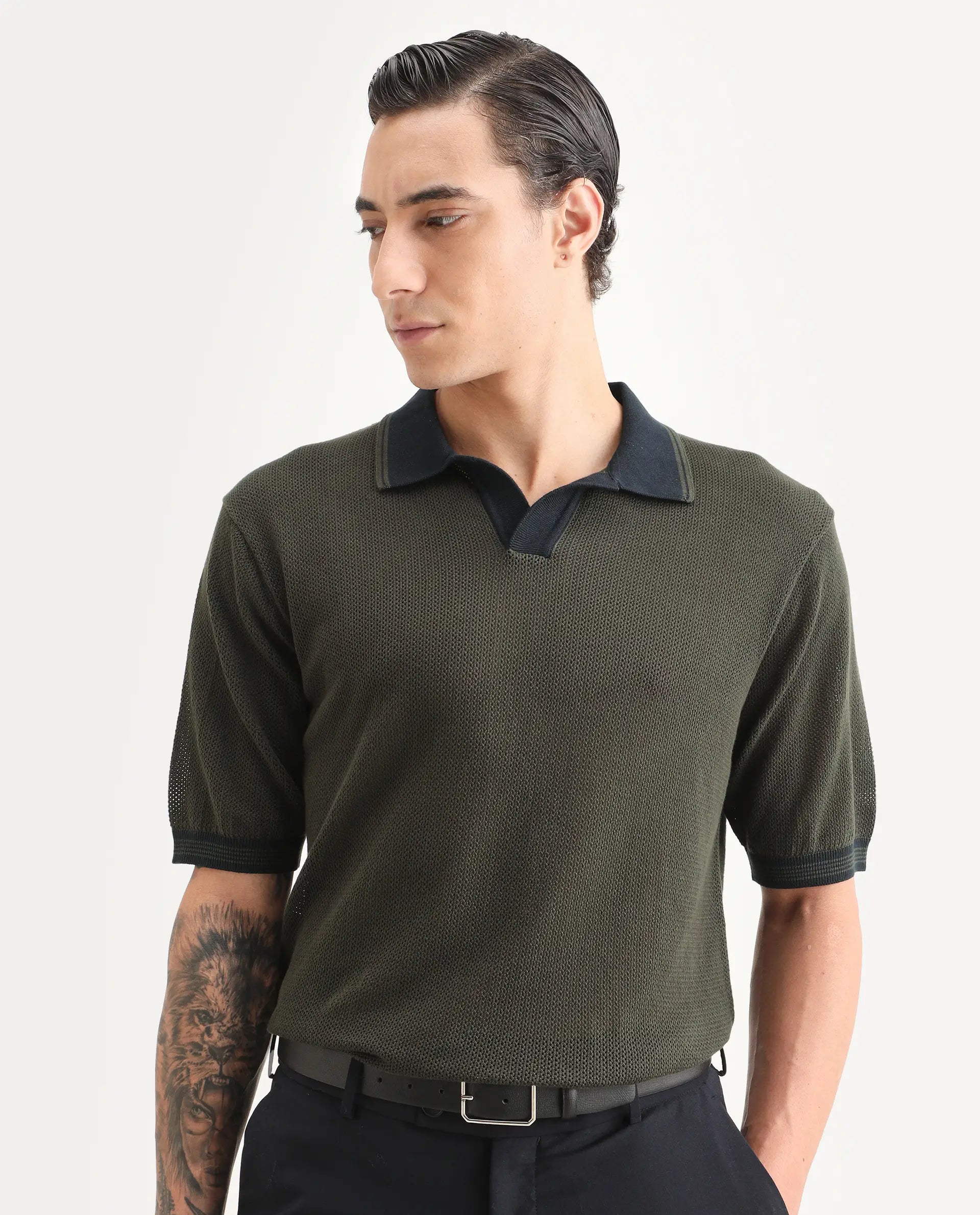 Rare Rabbit Men's Tipo Pastel Olive Cotton Fabric Half Sleeve Regular Fit Textured Polo