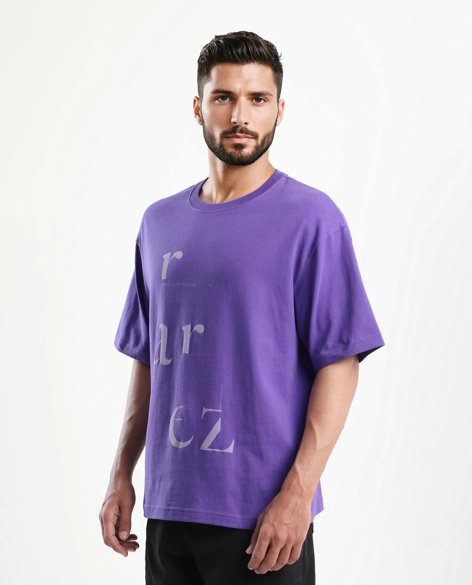 Rare Rabbit Men's Tipto Purple Cotton Graphic Print Oversized Fit Half Sleeve Crew Neck T-Shirt