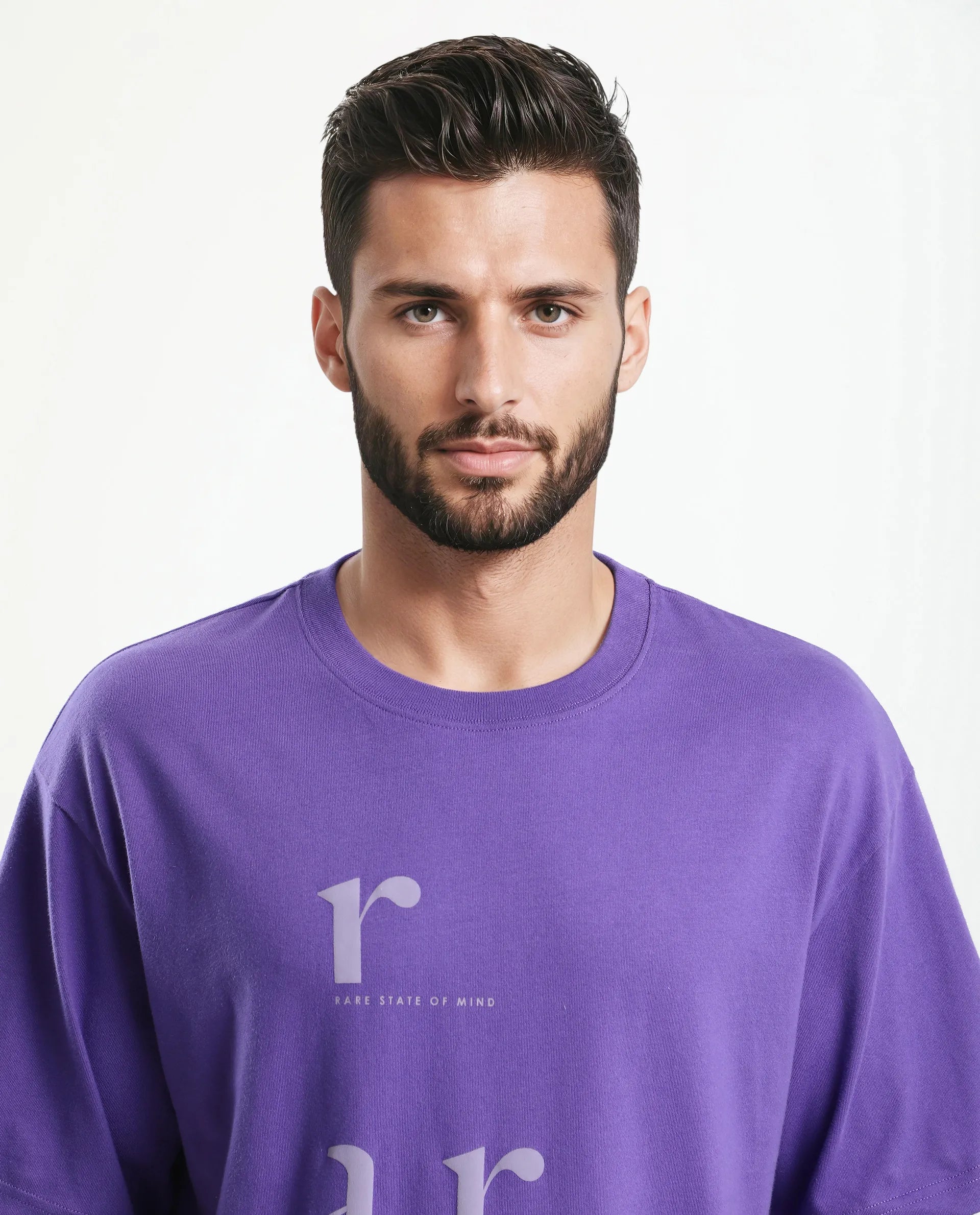 Rare Rabbit Men's Tipto Purple Cotton Graphic Print Oversized Fit Half Sleeve Crew Neck T-Shirt
