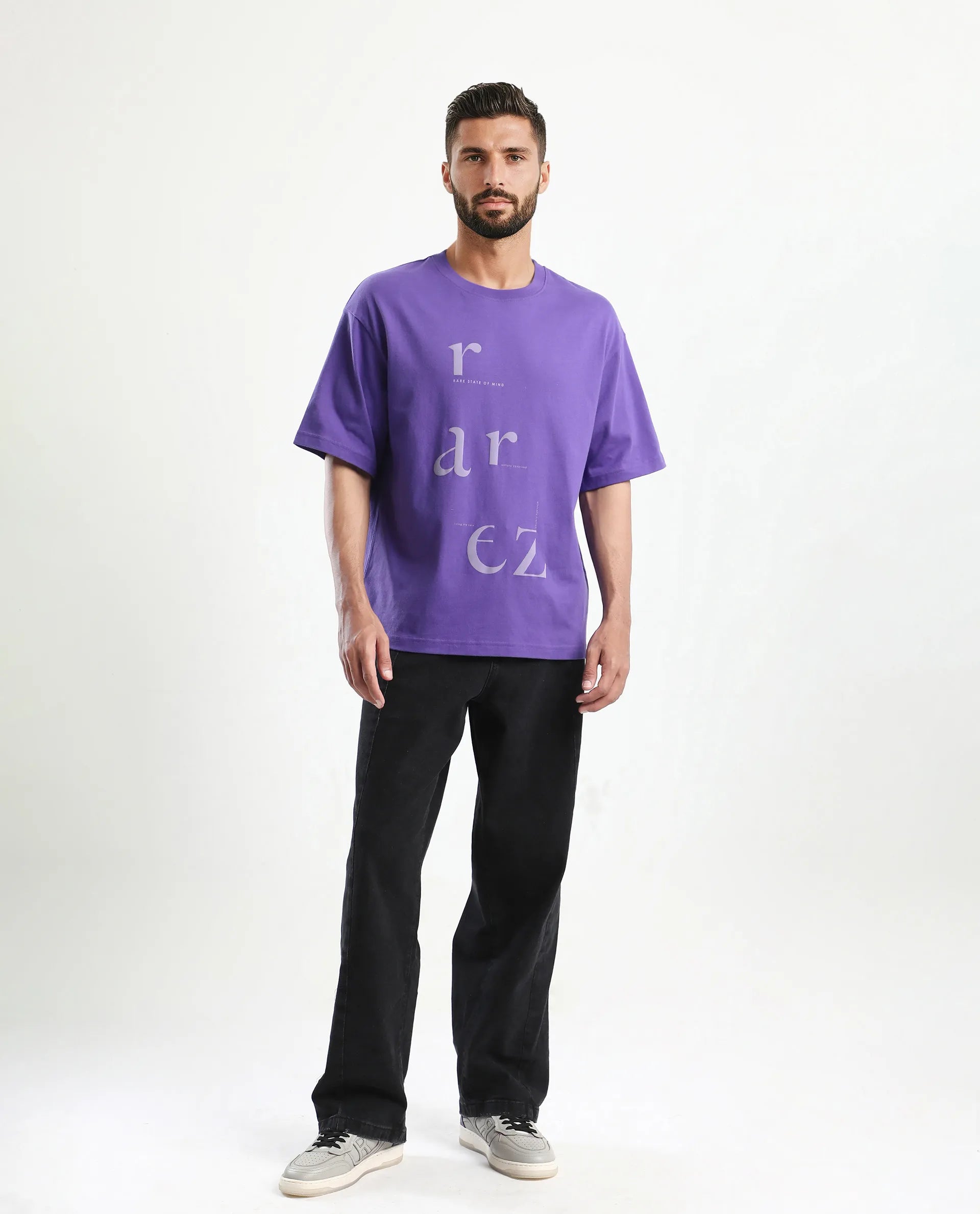 Rare Rabbit Men's Tipto Purple Cotton Graphic Print Oversized Fit Half Sleeve Crew Neck T-Shirt