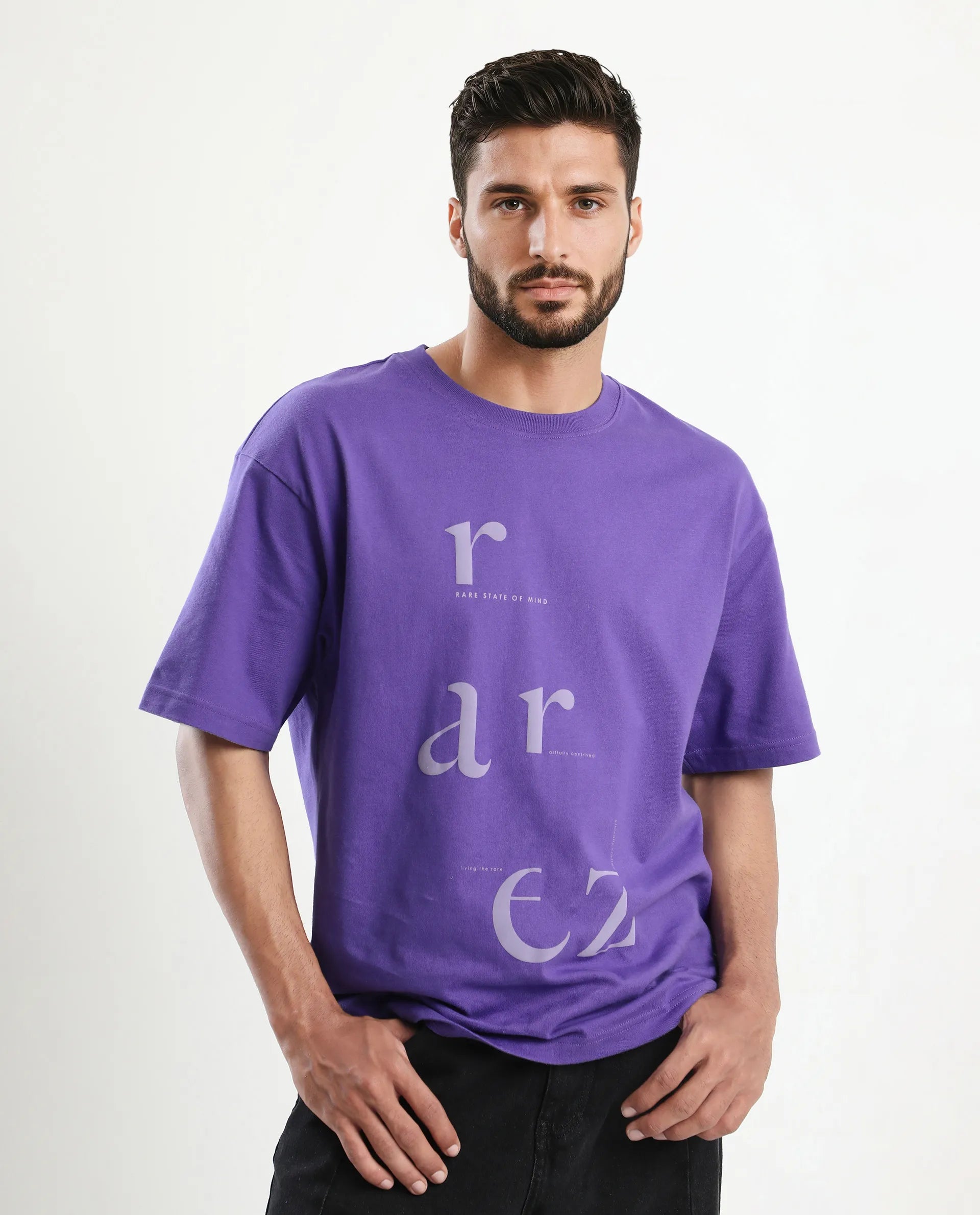 Rare Rabbit Men's Tipto Purple Cotton Graphic Print Oversized Fit Half Sleeve Crew Neck T-Shirt