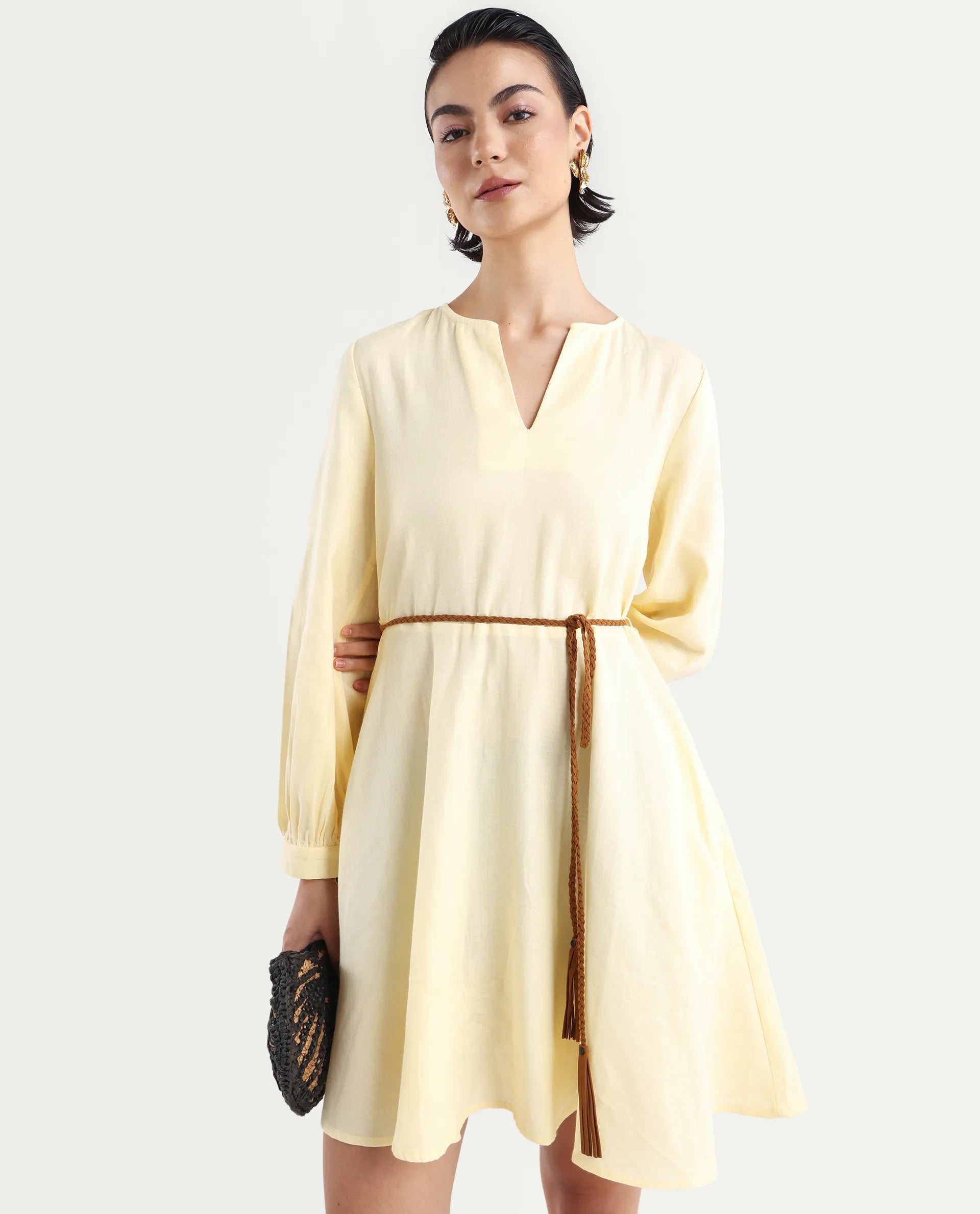 Rareism Women's Tirday Yellow Cotton V-Neck Plain Bishop Sleeve Mini Fit And Flare Dress