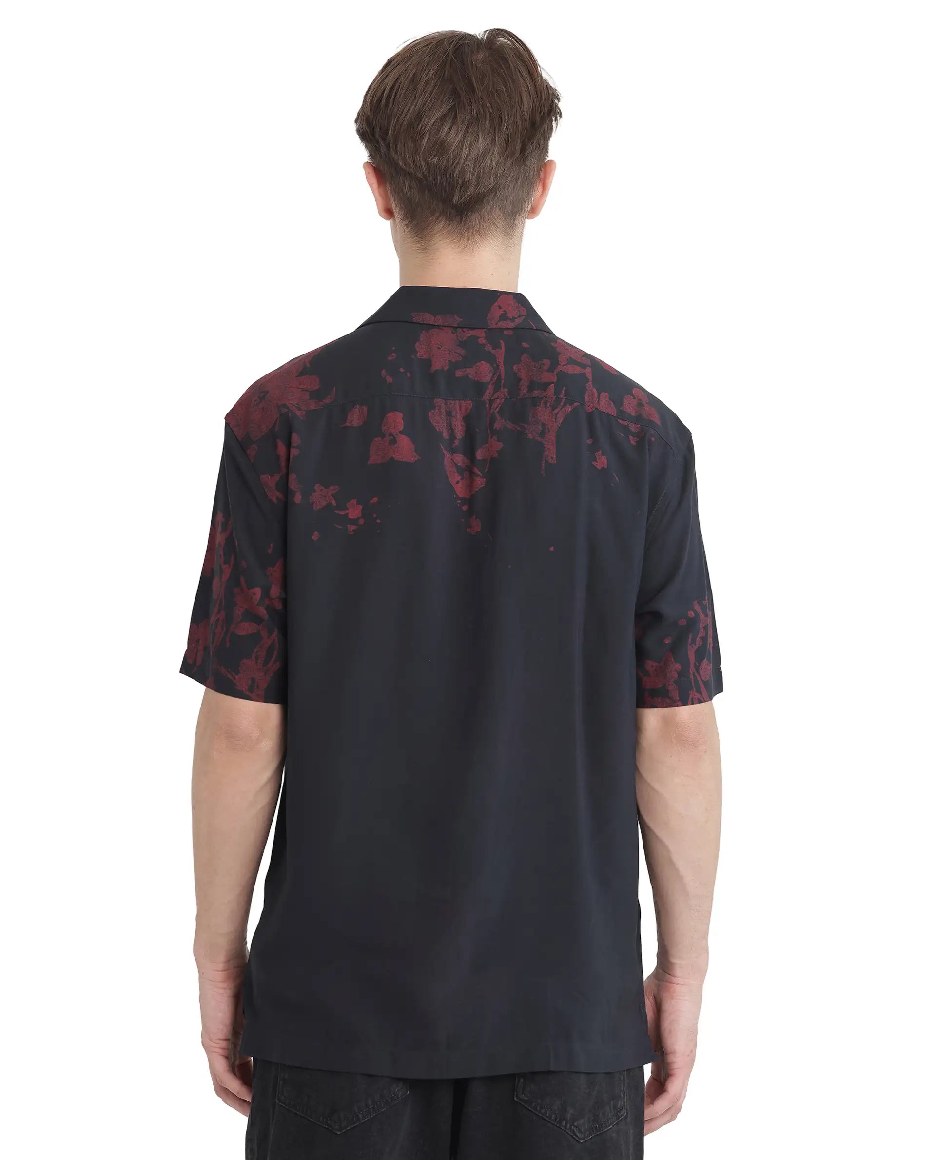 Rare Rabbit Men's Tirock Black Cotton Modal Fabric Half Sleeve Spread Collar Button Closure Relaxed Fit Floral Print Shirt