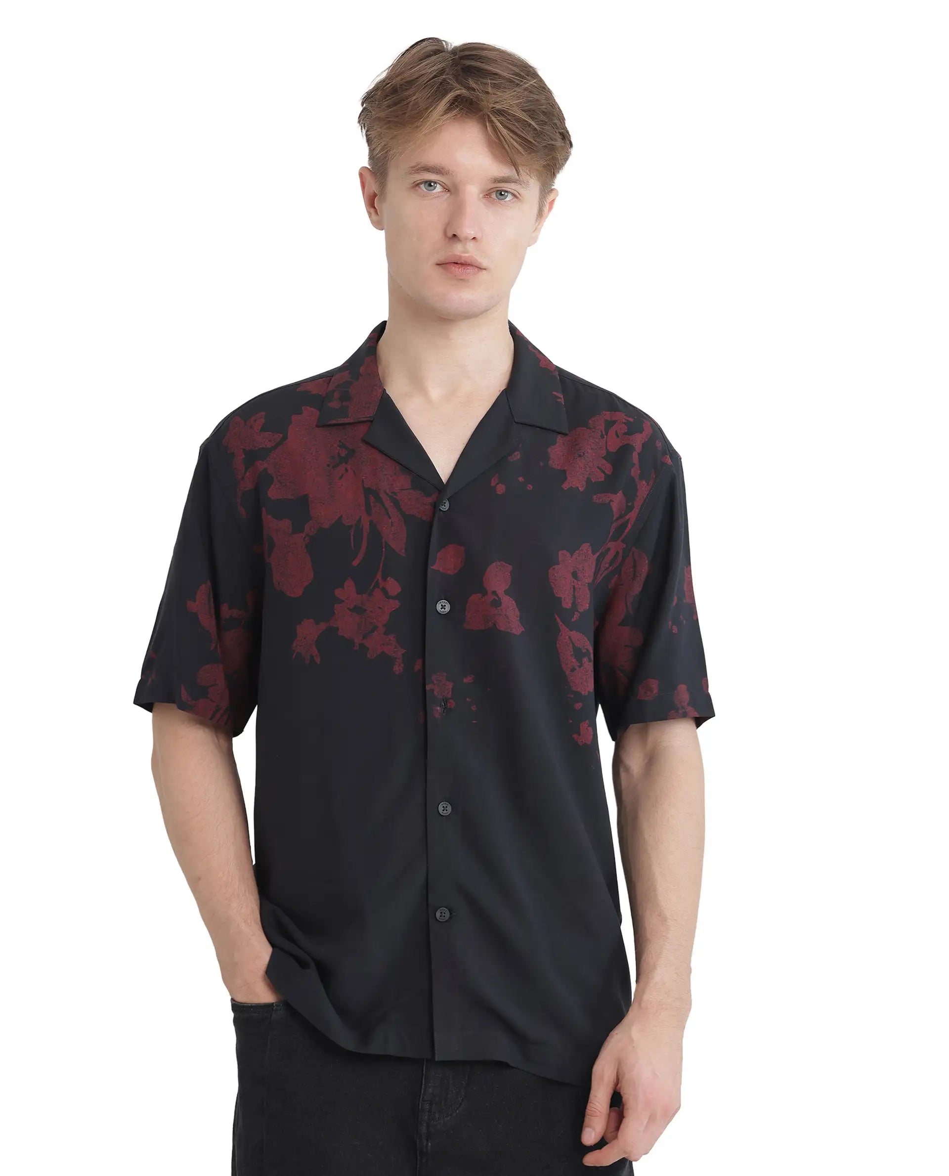 Rare Rabbit Men's Tirock Black Cotton Modal Fabric Half Sleeve Spread Collar Button Closure Relaxed Fit Floral Print Shirt