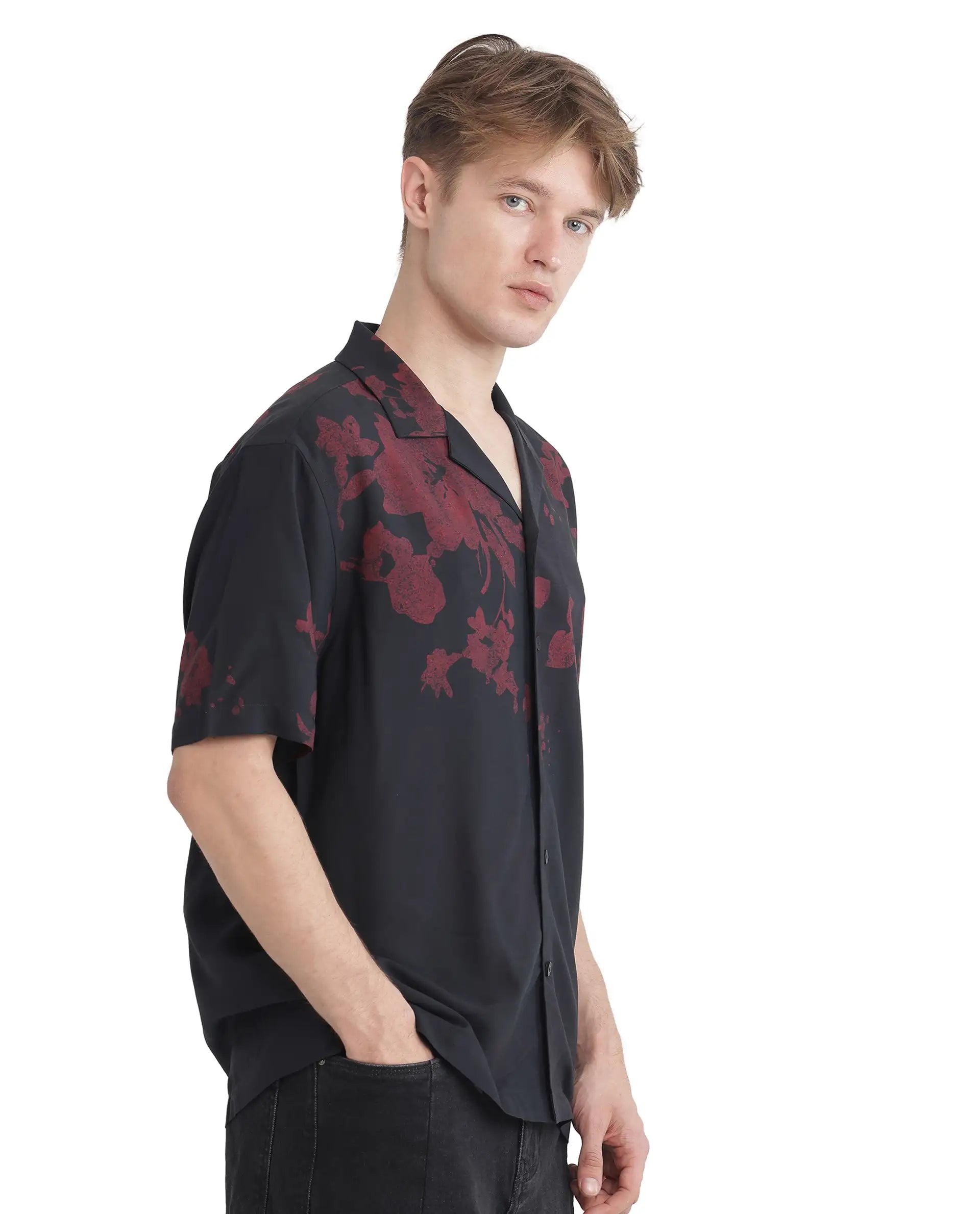 Rare Rabbit Men's Tirock Black Cotton Modal Fabric Half Sleeve Spread Collar Button Closure Relaxed Fit Floral Print Shirt
