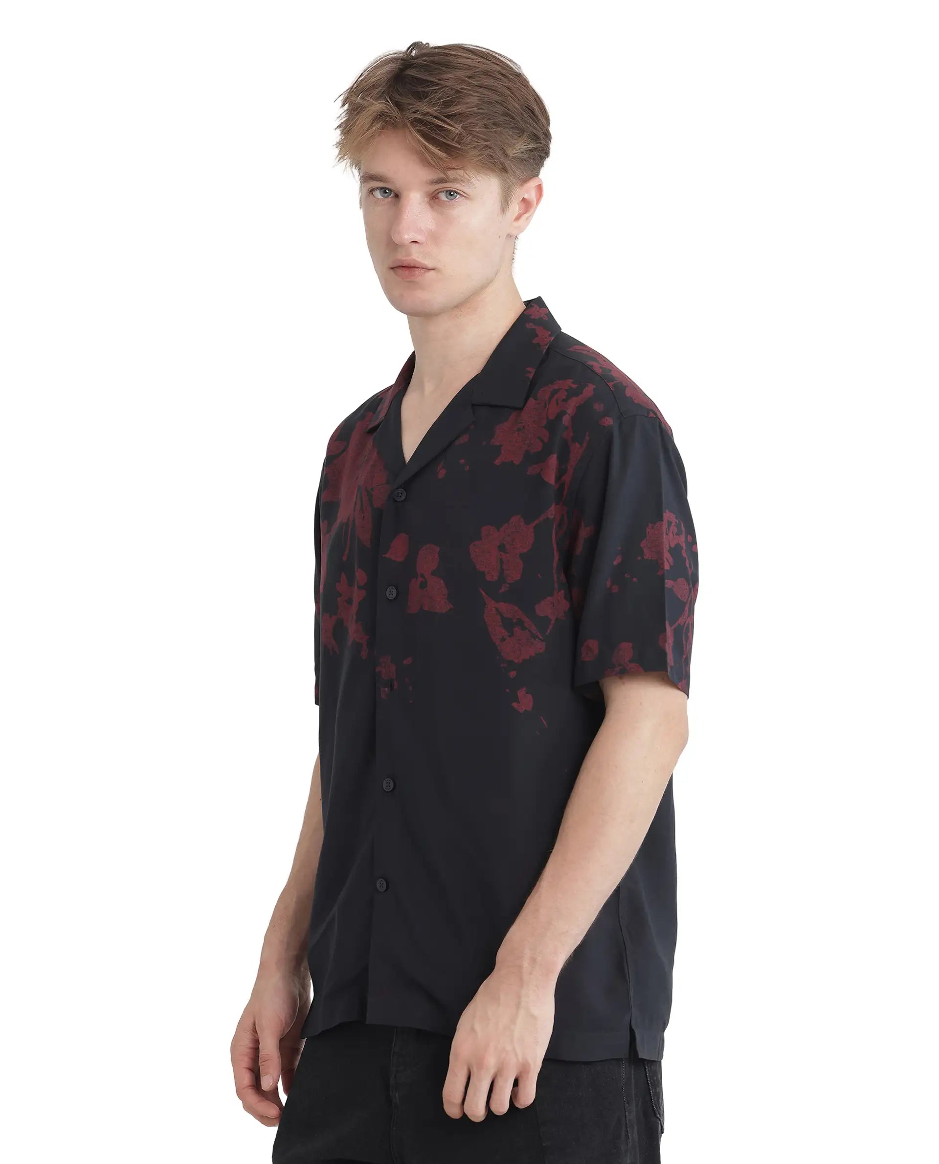 Rare Rabbit Men's Tirock Black Cotton Modal Fabric Half Sleeve Spread Collar Button Closure Relaxed Fit Floral Print Shirt