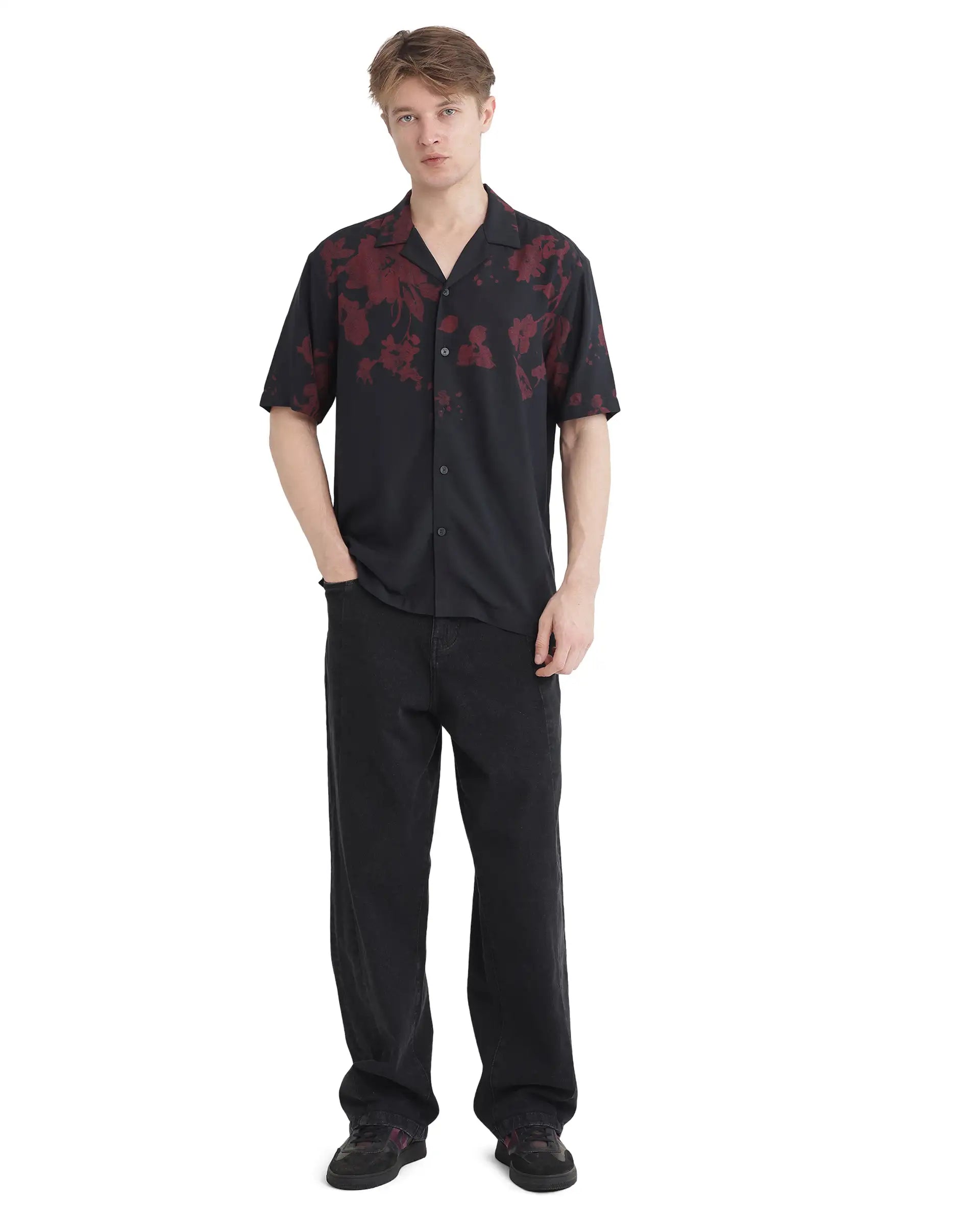 Rare Rabbit Men's Tirock Black Cotton Modal Fabric Half Sleeve Spread Collar Button Closure Relaxed Fit Floral Print Shirt