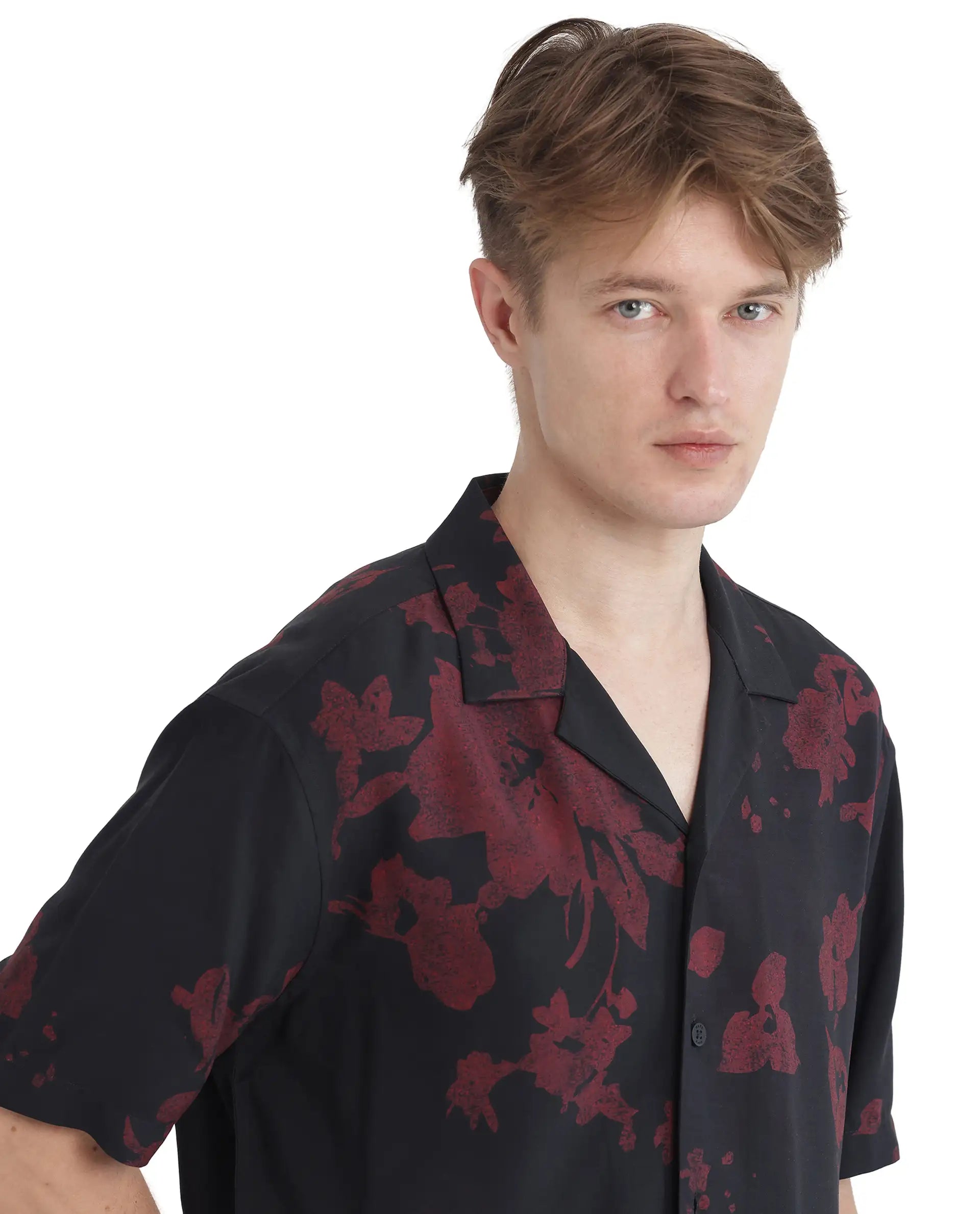 Rare Rabbit Men's Tirock Black Cotton Modal Fabric Half Sleeve Spread Collar Button Closure Relaxed Fit Floral Print Shirt