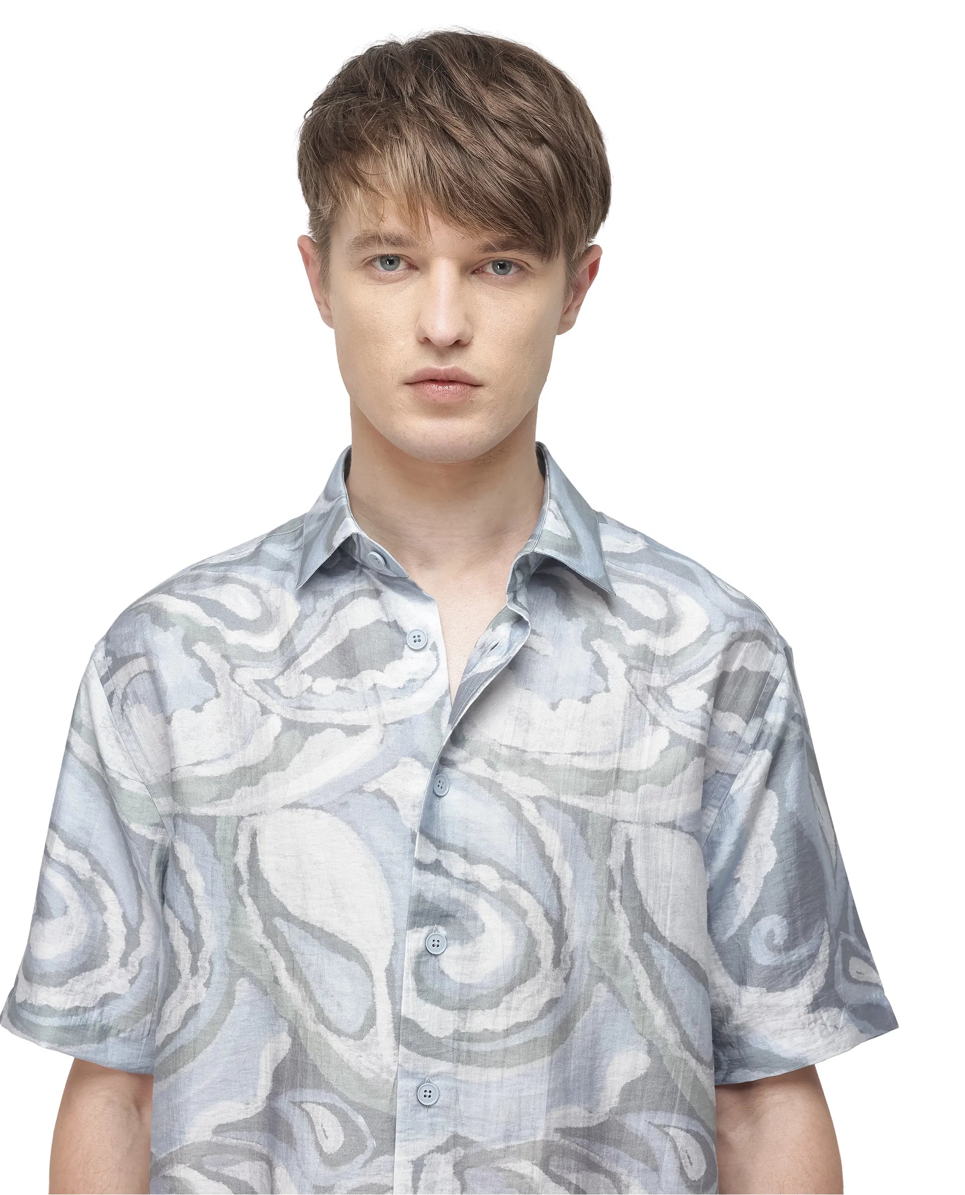 Rare Rabbit Men's Tiro Dusky Green Tencel Floral Print Relaxed Fit Half Sleeve Collared Shirt