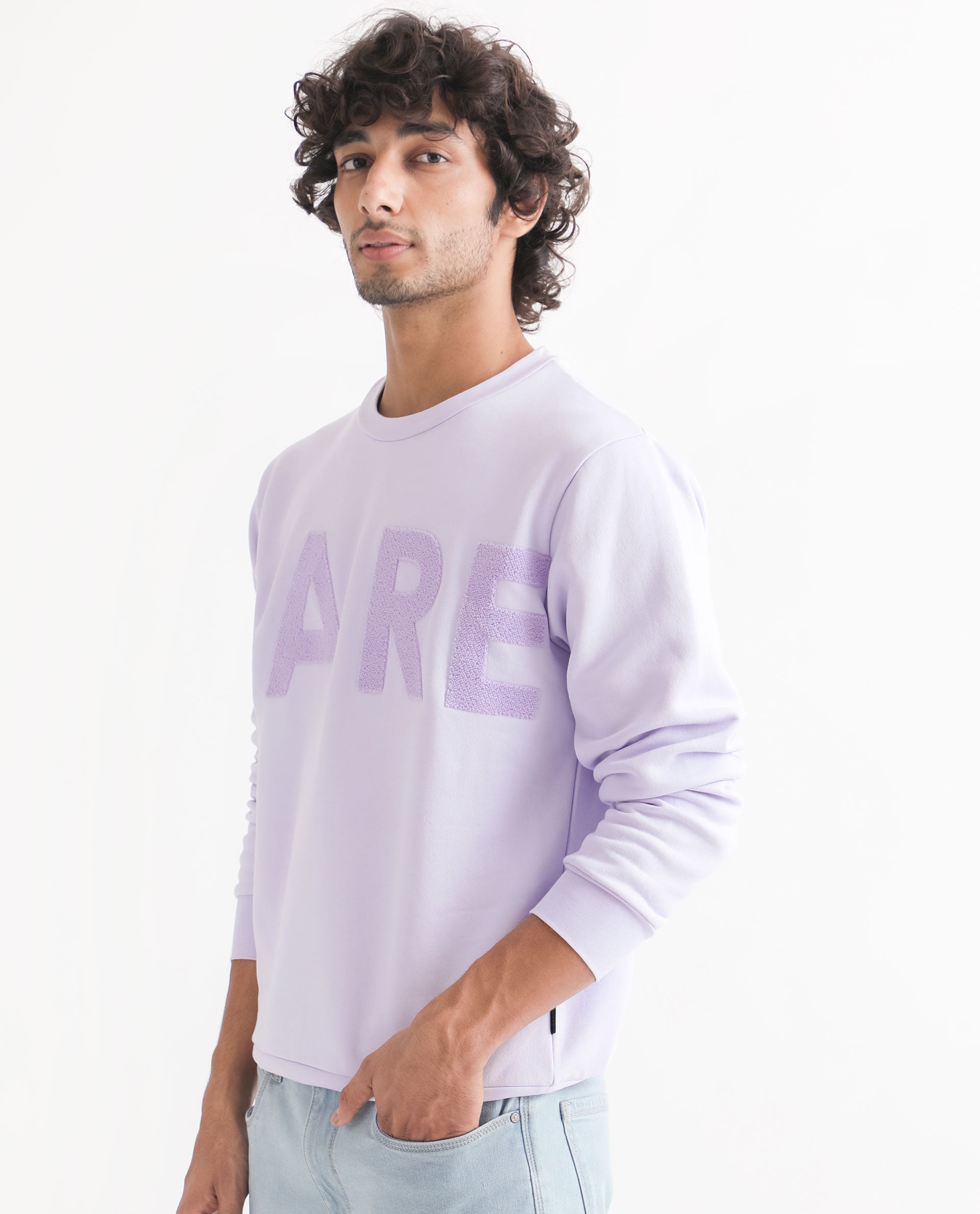 Rare Rabbit Men's Tisot Purple Cotton Polyester Fabric Full Sleeves Solid Towel Embroidery Branding Sweatshirt