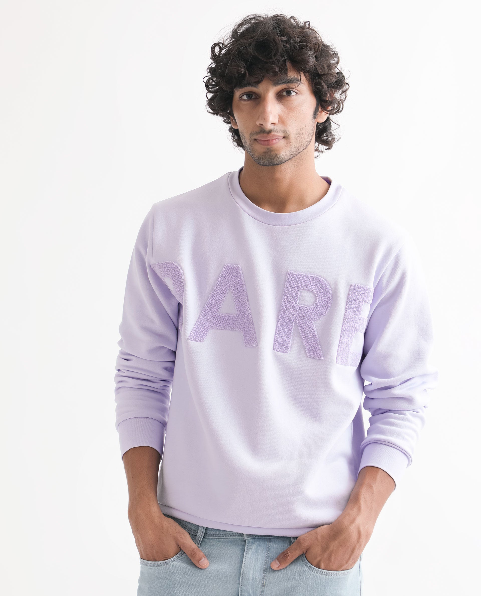Rare Rabbit Men's Tisot Purple Embroidered Regular Fit Full Sleeve Crew Neck Sweatshirt