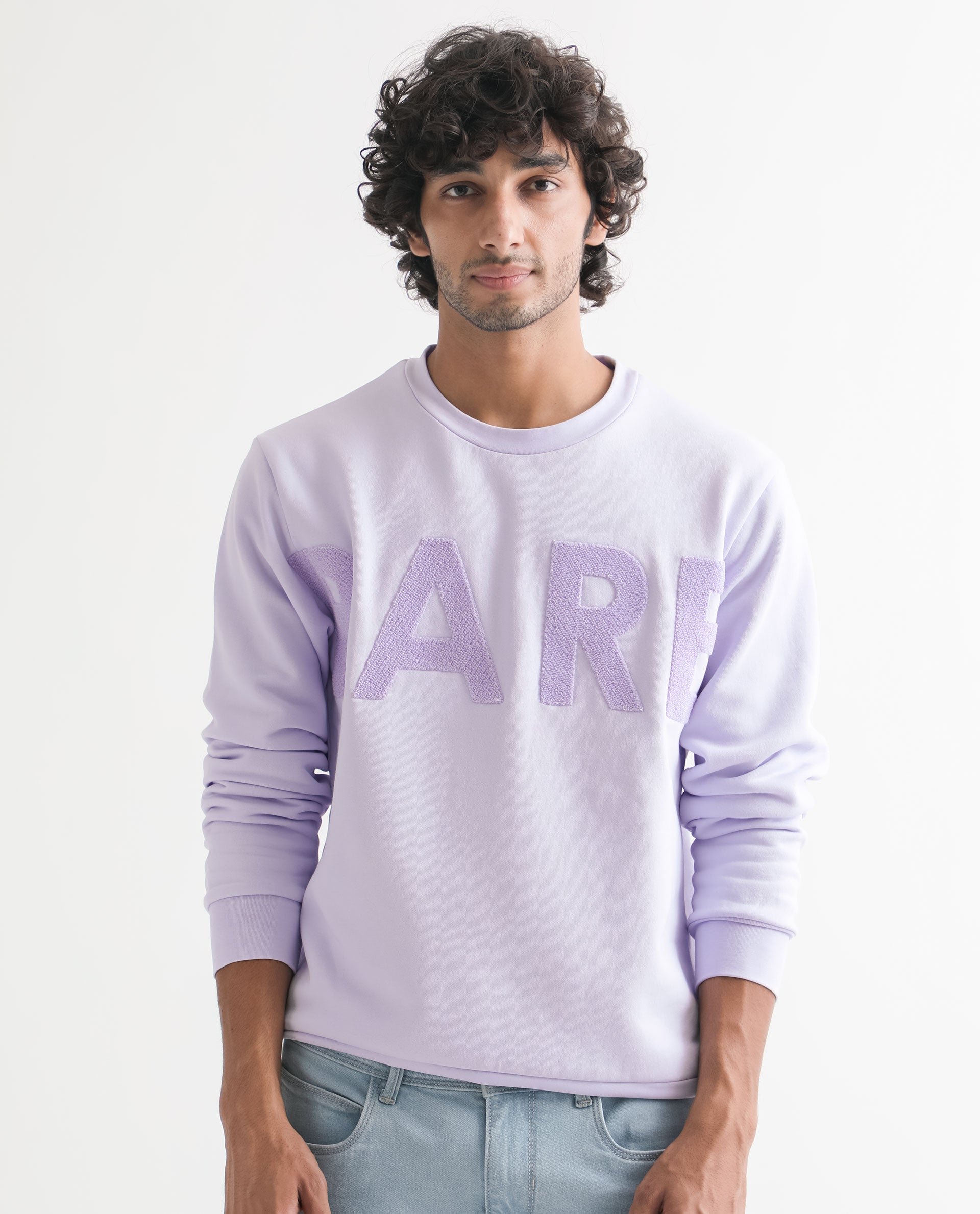 Rare Rabbit Men's Tisot Purple Cotton Polyester Fabric Full Sleeves Solid Towel Embroidery Branding Sweatshirt