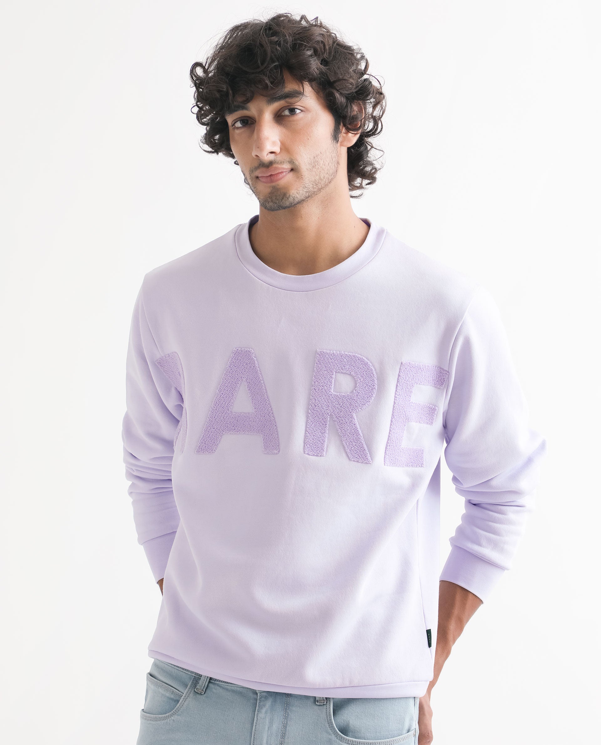 Rare Rabbit Men's Tisot Purple Cotton Polyester Fabric Full Sleeves Solid Towel Embroidery Branding Sweatshirt