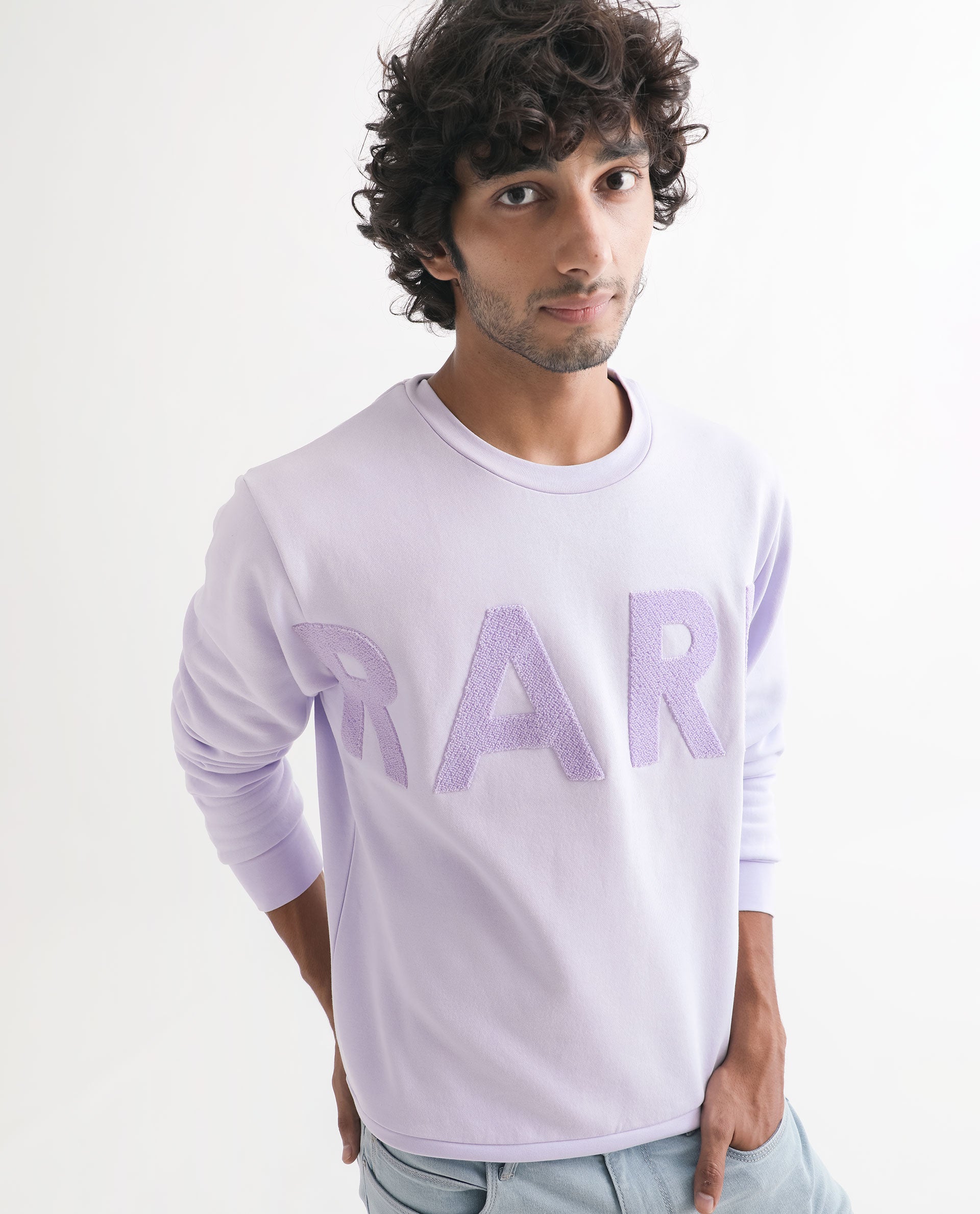 Rare Rabbit Men's Tisot Purple Cotton Polyester Fabric Full Sleeves Solid Towel Embroidery Branding Sweatshirt