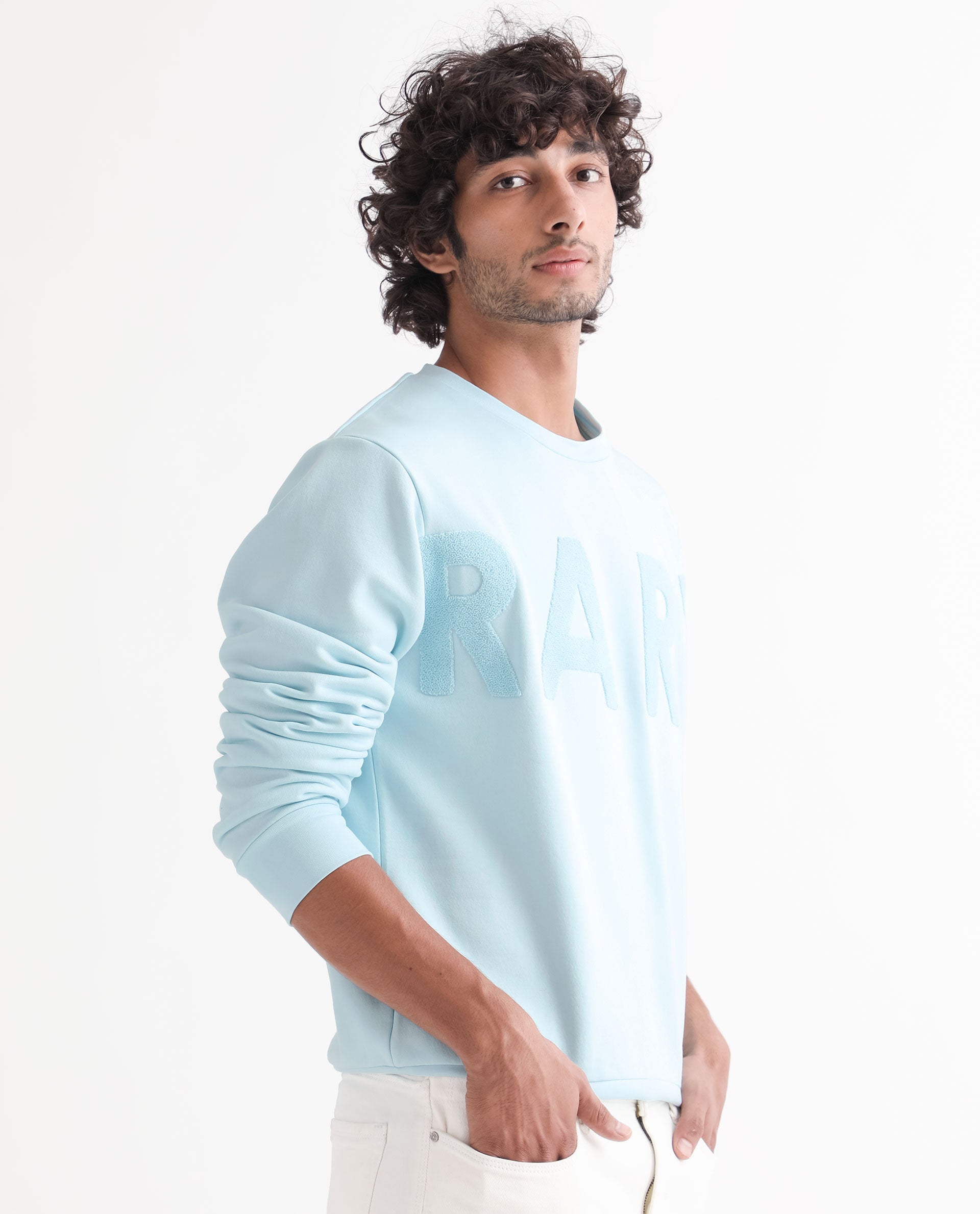 Rare Rabbit Men's Tisot Turq Cotton Polyester Fabric Full Sleeves Solid Towel Embroidery Branding Sweatshirt